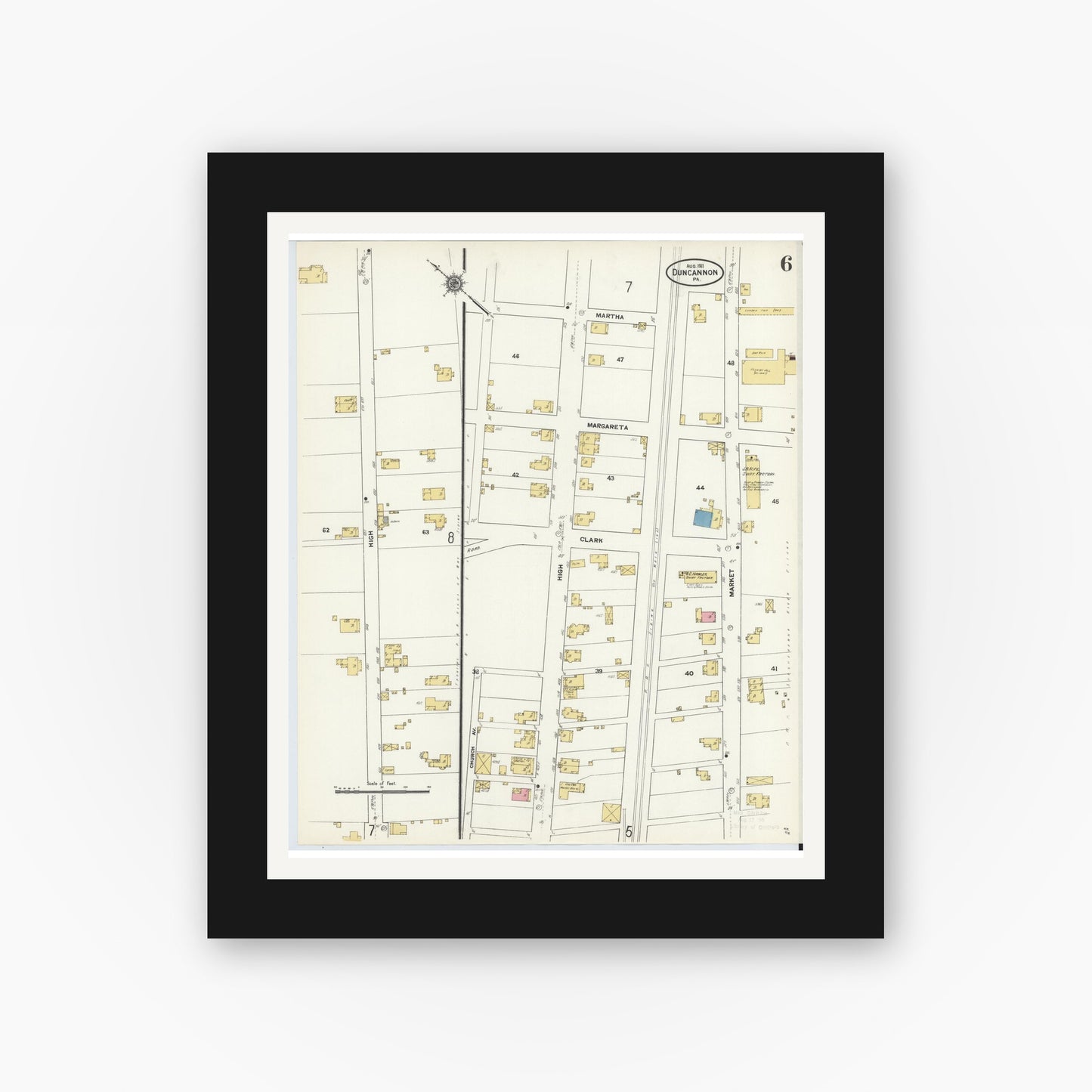 Old map wall art mockup — black gallery frame with white mat — Sanborn Fire Insurance Map from Duncannon, Perry County, Pennsylvania (1911), Sheet #0006