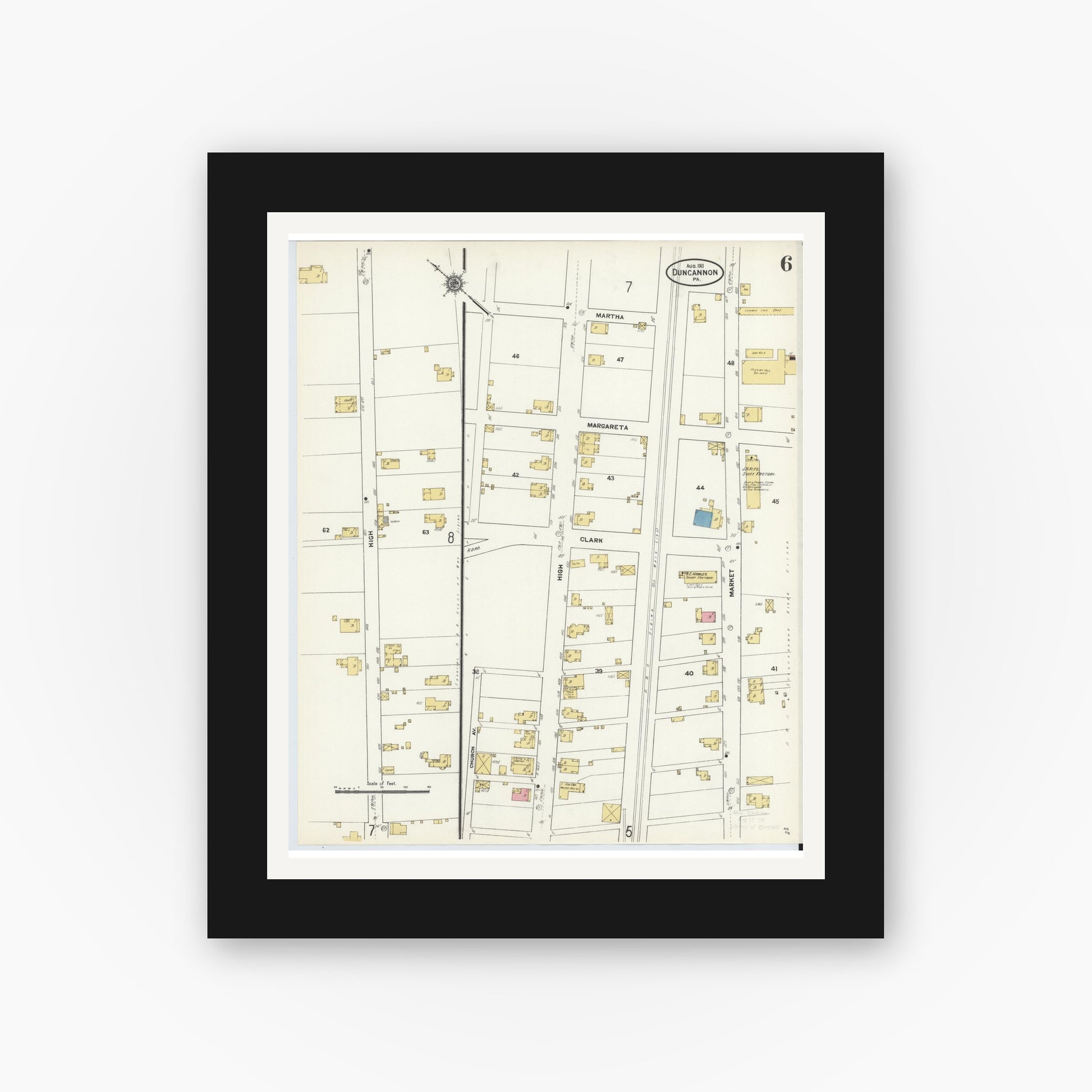 Old map wall art mockup — black gallery frame with white mat — Sanborn Fire Insurance Map from Duncannon, Perry County, Pennsylvania (1911), Sheet #0006