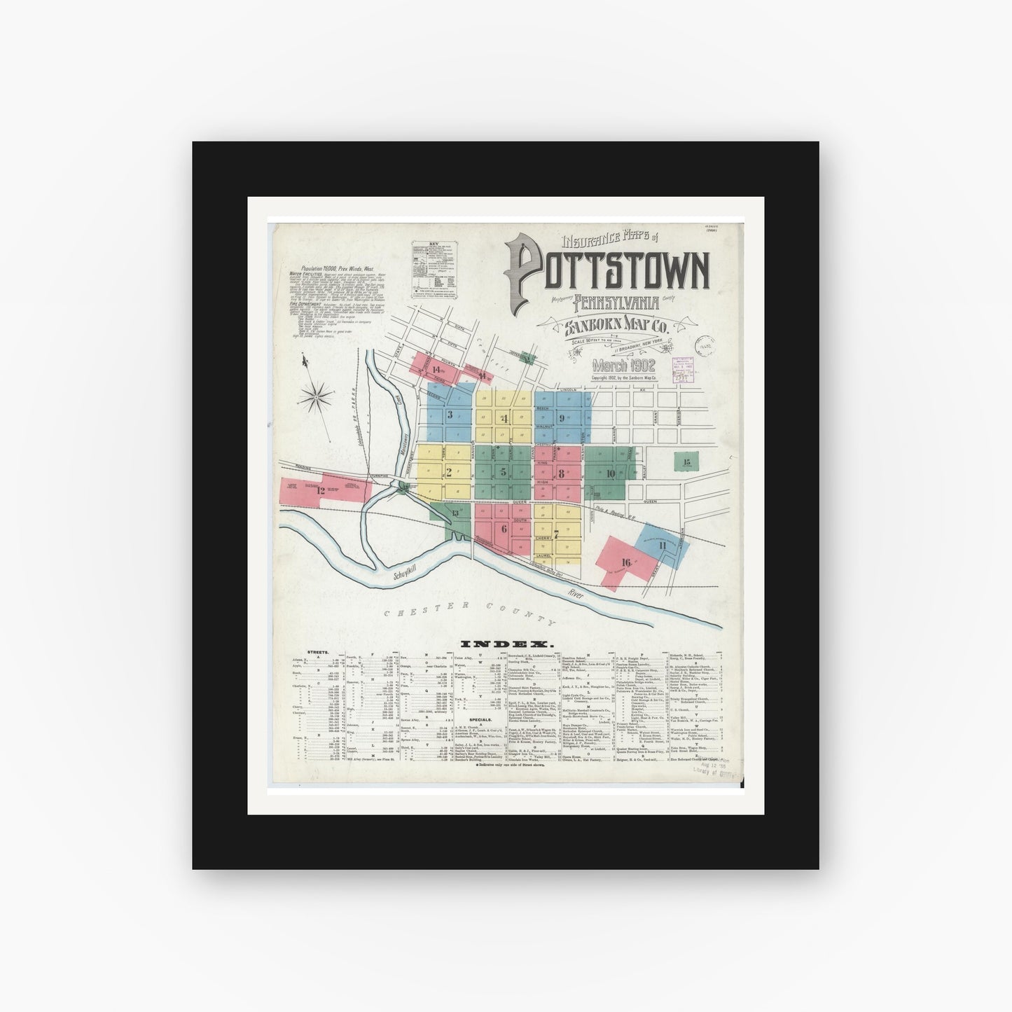 Old map wall art mockup — black gallery frame with white mat — Sanborn Fire Insurance Map from Pottstown, Montgomery County, Pennsylvania (1902), Sheet #0001