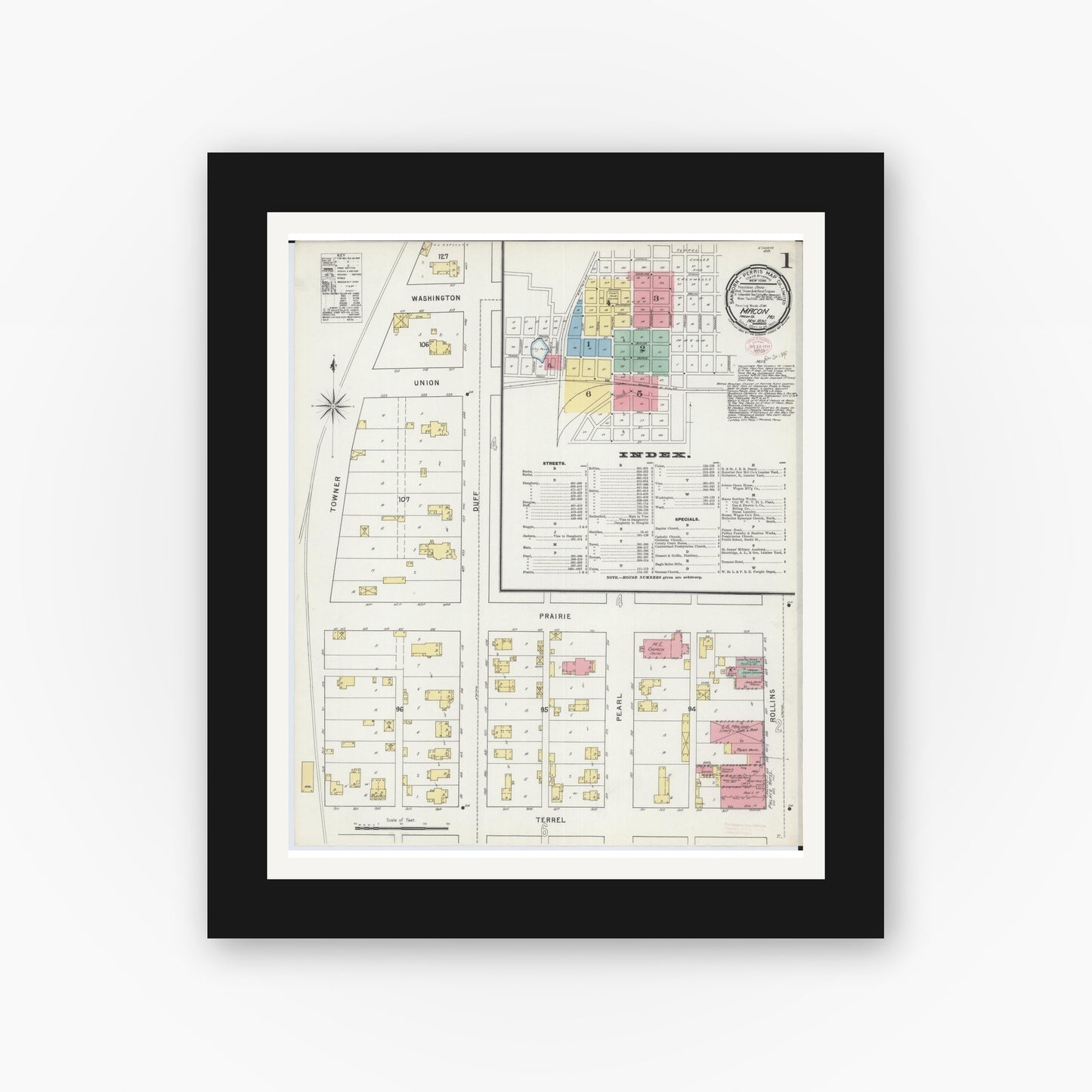 Old map wall art mockup — black gallery frame with white mat — Sanborn Fire Insurance Map from Macon, Macon County, Missouri (1895), Sheet #0001