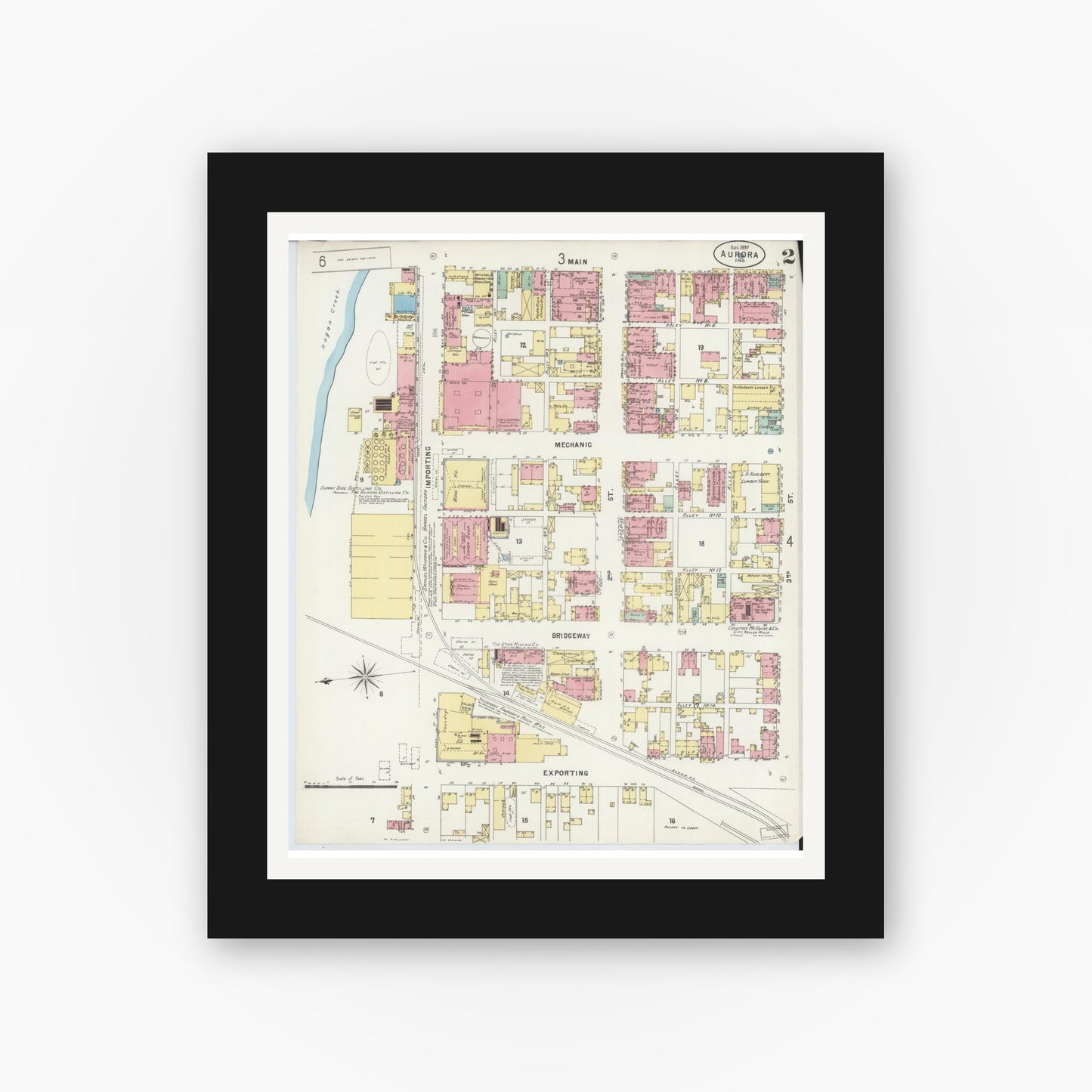 Old map wall art mockup — black gallery frame with white mat — Sanborn Fire Insurance Map from Aurora, Dearborn County, Indiana (1897), Sheet #0002