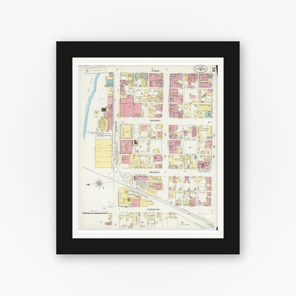 Old map wall art mockup — black gallery frame with white mat — Sanborn Fire Insurance Map from Aurora, Dearborn County, Indiana (1897), Sheet #0002