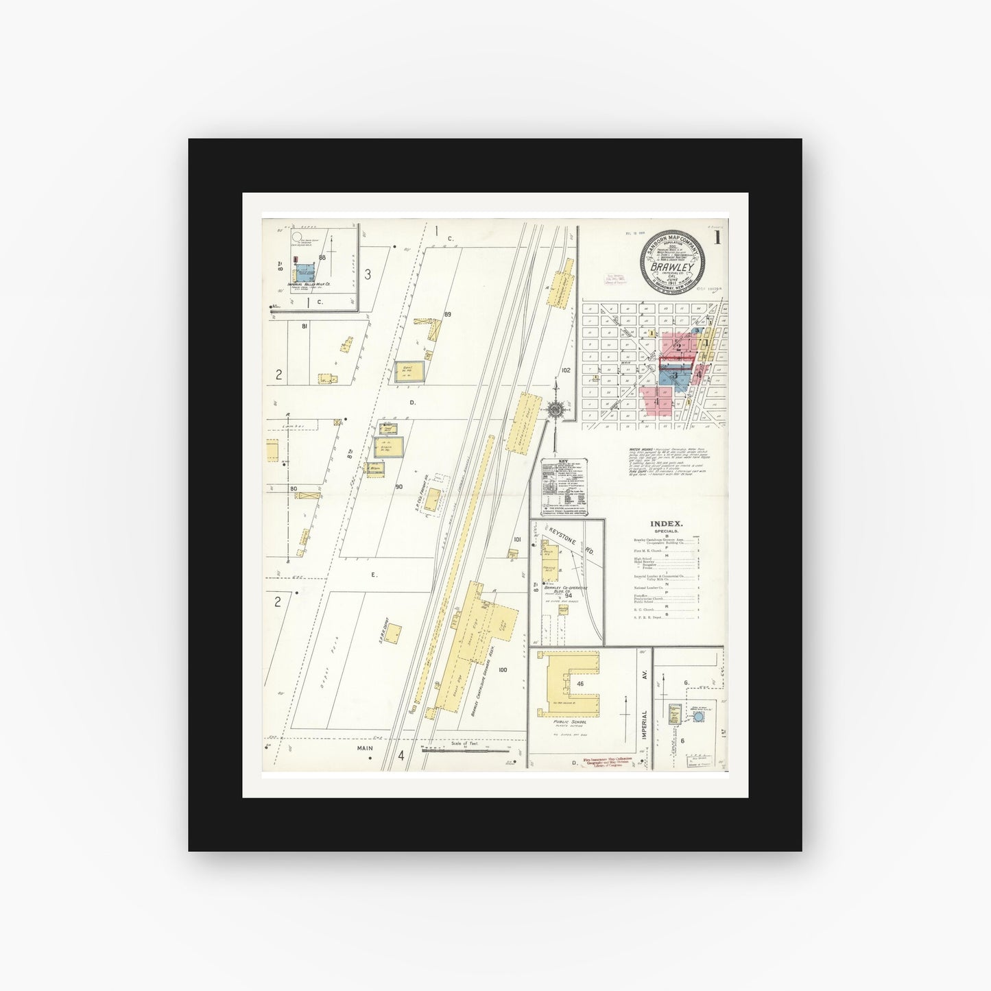 Old map wall art mockup — black gallery frame with white mat — Sanborn Fire Insurance Map from Brawley, Imperial County, California (1911), Sheet #0001