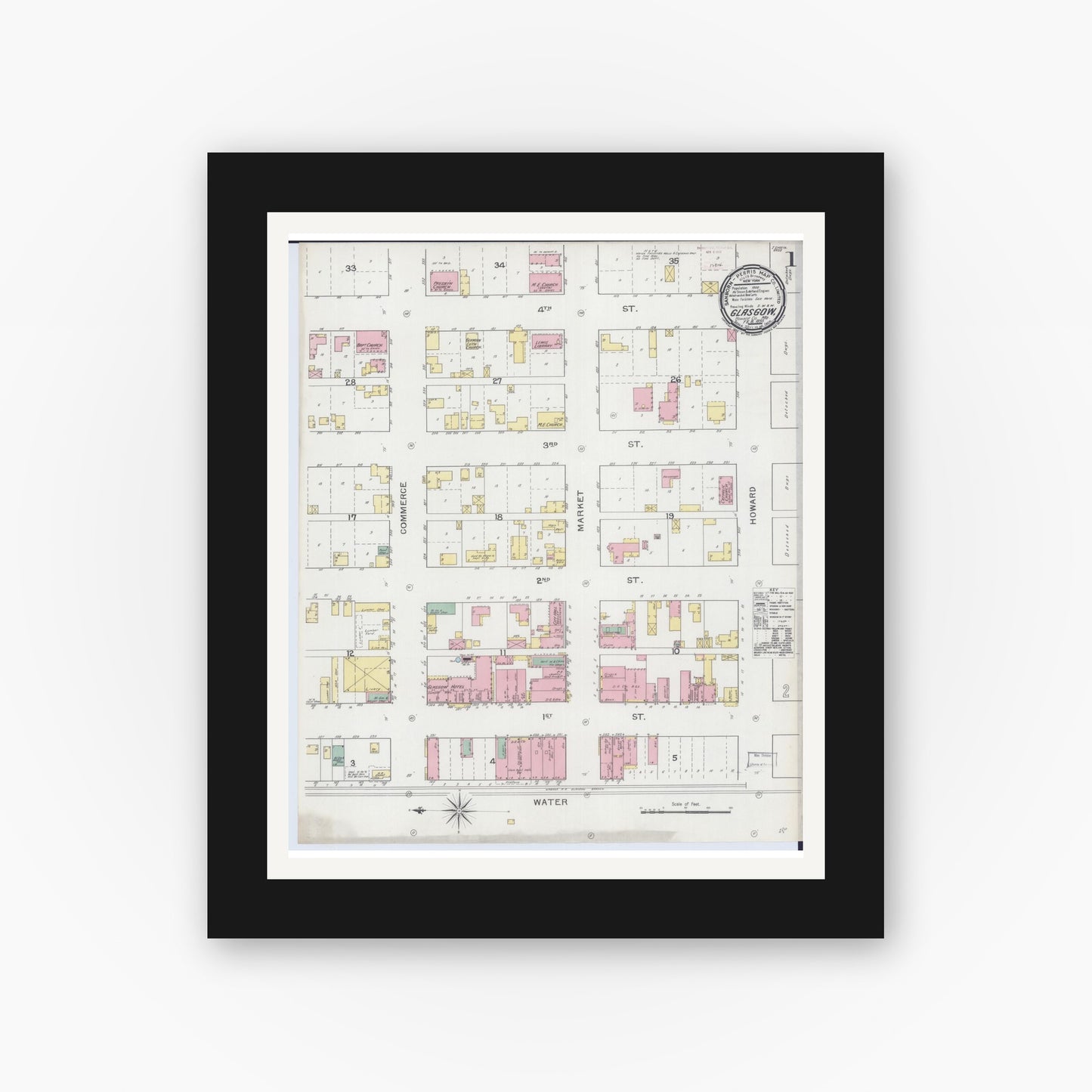 Old map wall art mockup — black gallery frame with white mat — Sanborn Fire Insurance Map from Glasgow, Howard County, Missouri (1893) - Complete Map Set