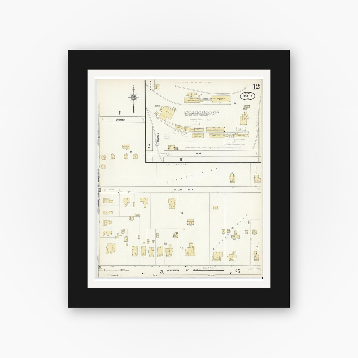 Old map wall art mockup — black gallery frame with white mat — Sanborn Fire Insurance Map from Ocala, Marion County, Florida (1912), Sheet #0012