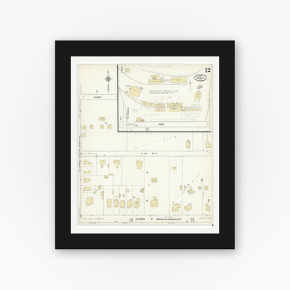Old map wall art mockup — black gallery frame with white mat — Sanborn Fire Insurance Map from Ocala, Marion County, Florida (1912), Sheet #0012