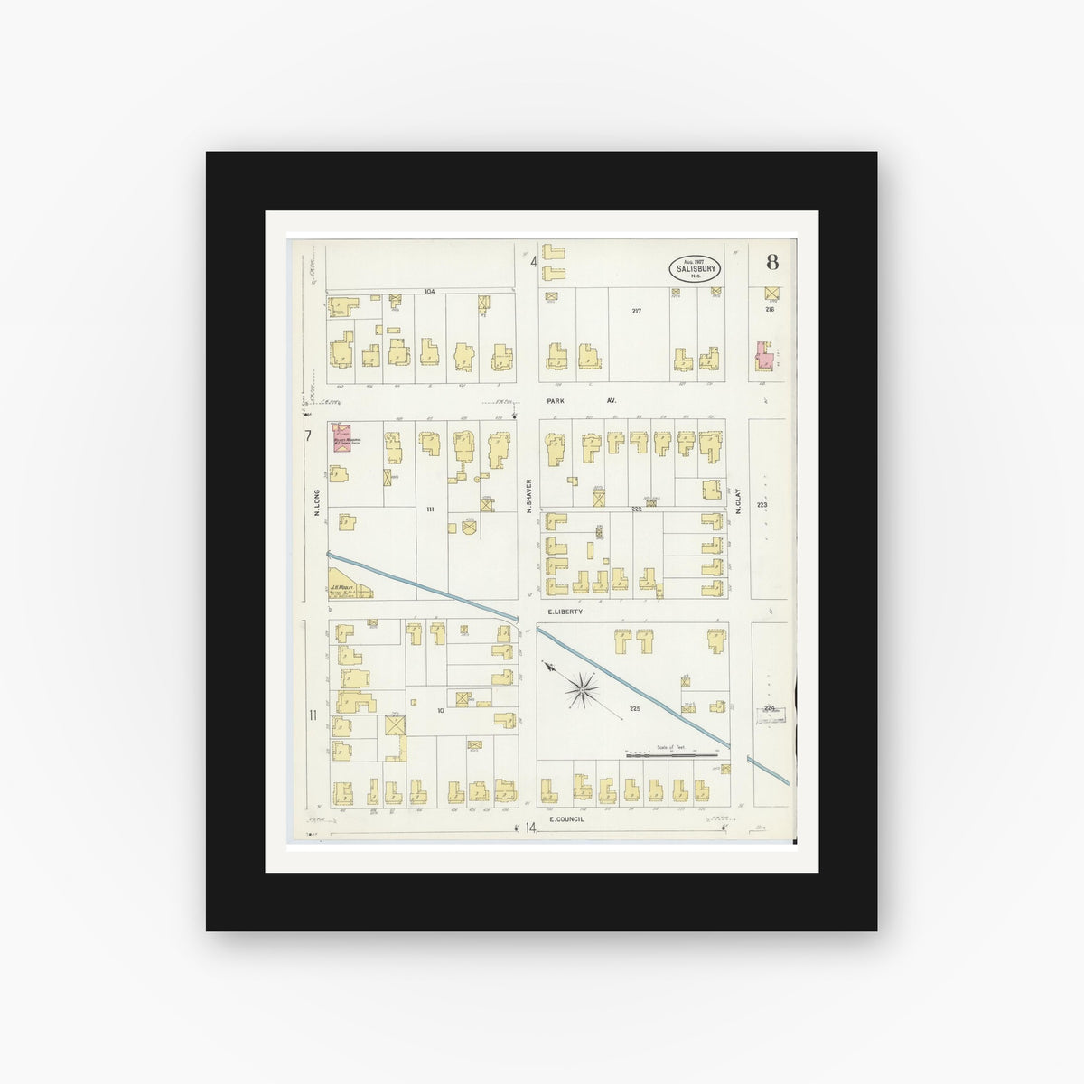Old map wall art mockup — black gallery frame with white mat — Sanborn Fire Insurance Map from Salisbury, Rowan County, North Carolina (1907), Sheet #0008