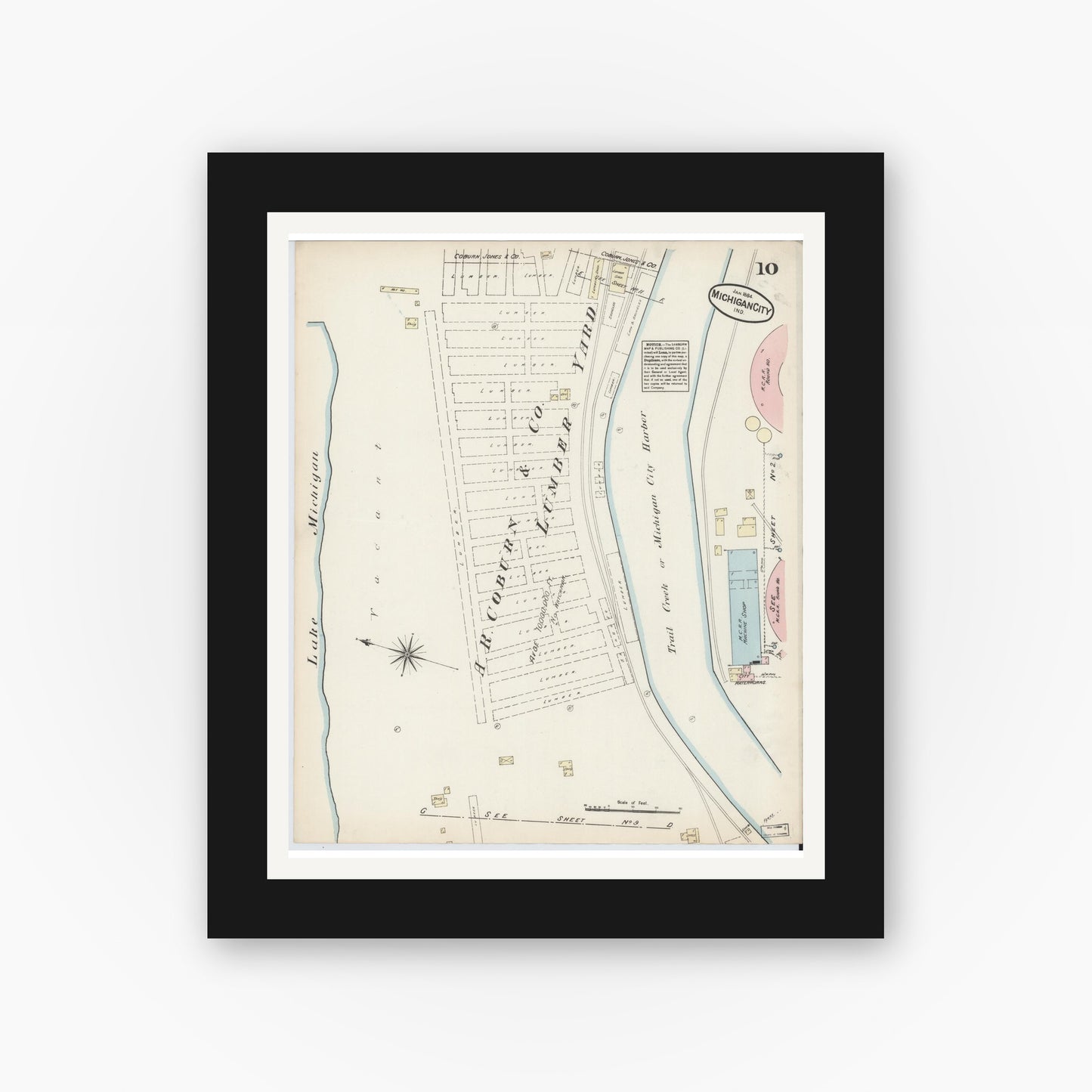 Old map wall art mockup — black gallery frame with white mat — Sanborn Fire Insurance Map from Michigan City, La Porte  County, Indiana (1884), Sheet #0010