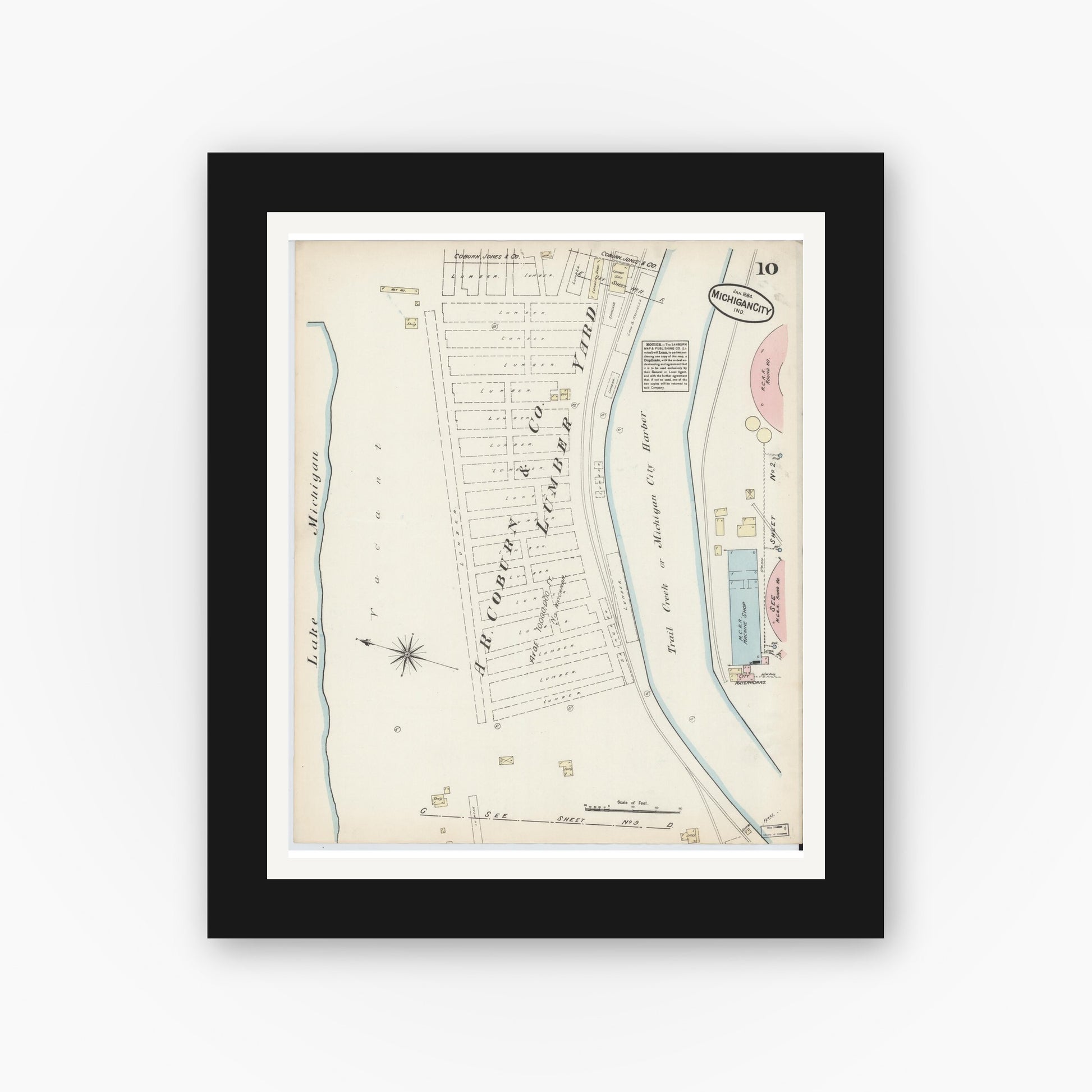 Old map wall art mockup — black gallery frame with white mat — Sanborn Fire Insurance Map from Michigan City, La Porte  County, Indiana (1884), Sheet #0010