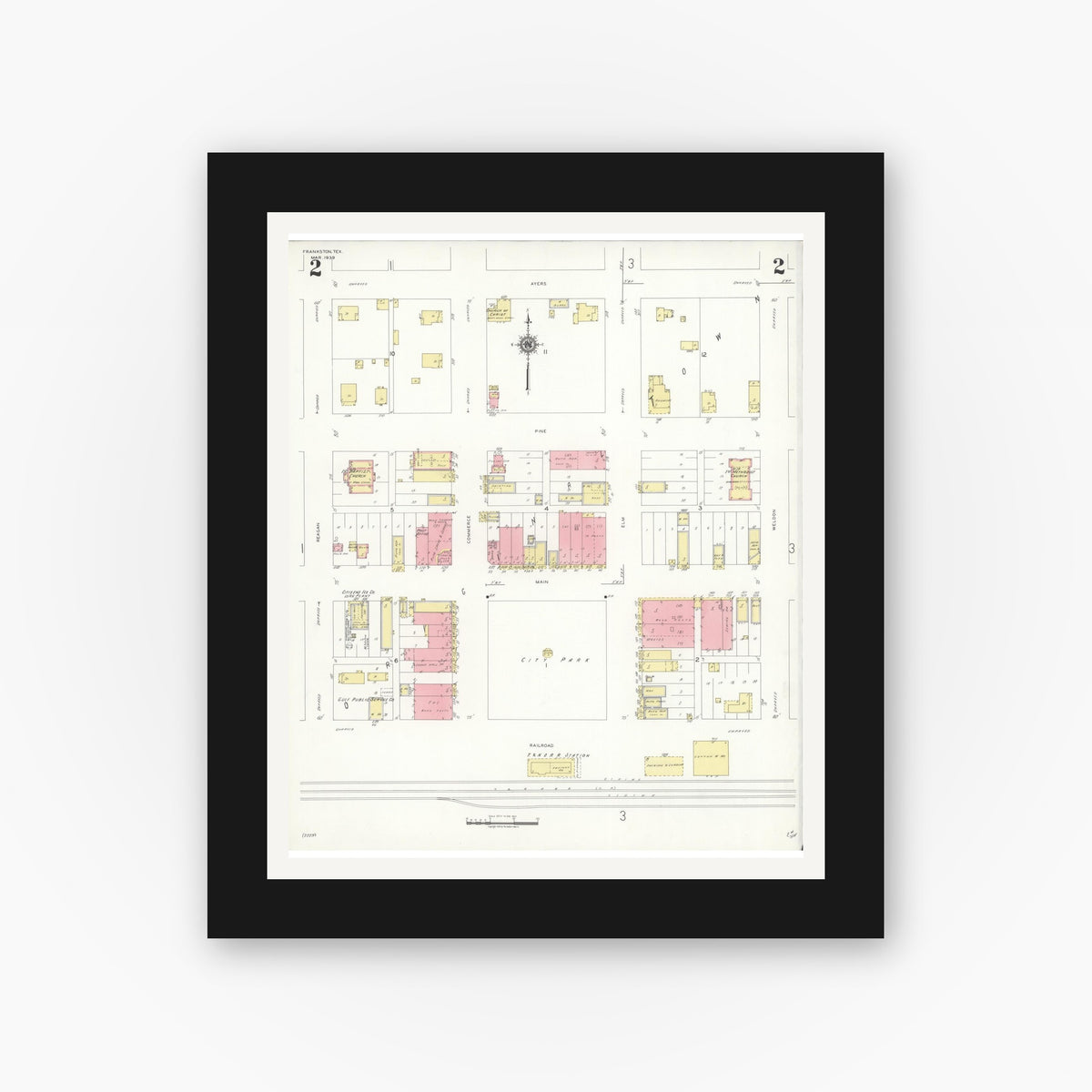 Old map wall art mockup — black gallery frame with white mat — Sanborn Fire Insurance Map from Frankston, Anderson County, Texas (1939), Sheet #0002
