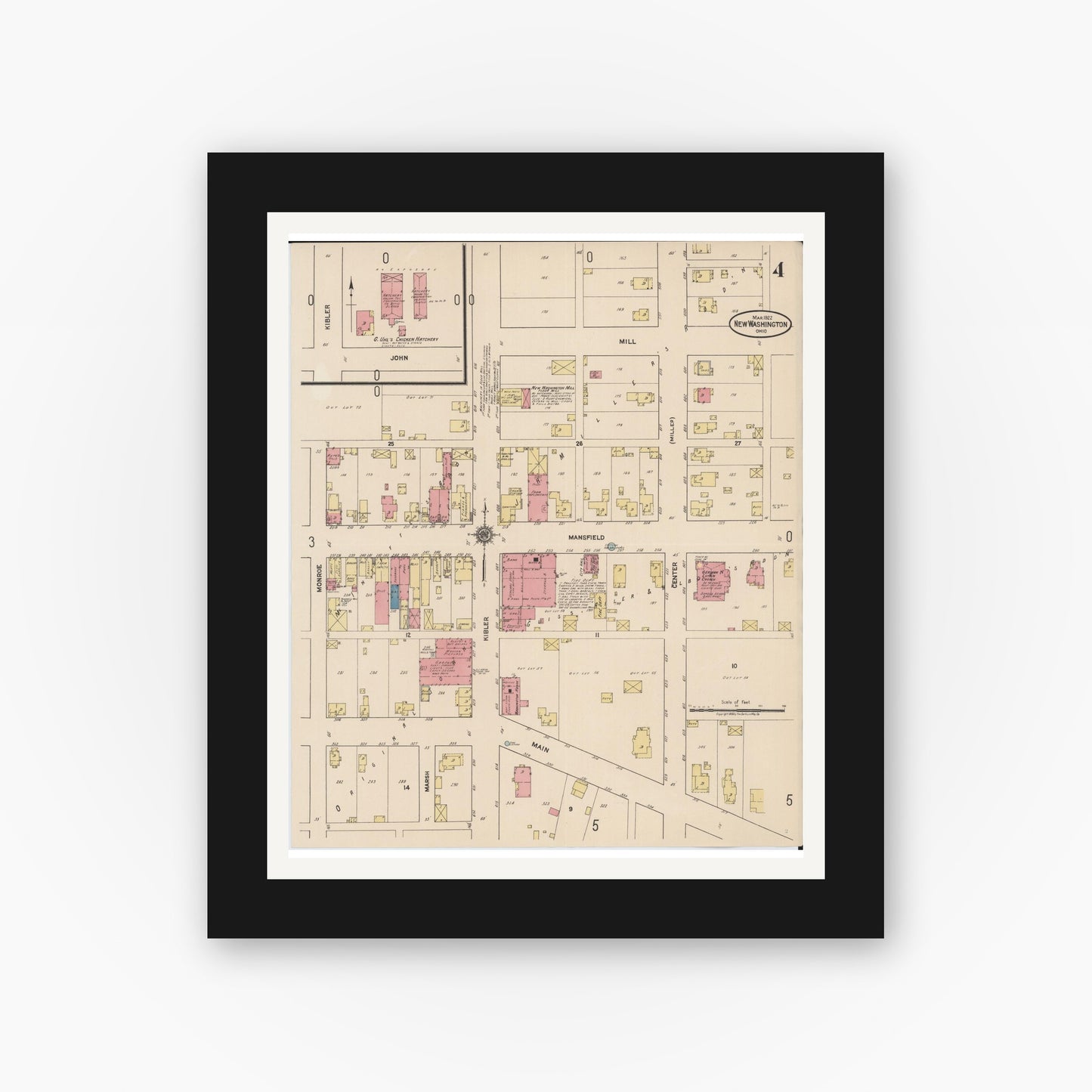 Old map wall art mockup — black gallery frame with white mat — Sanborn Fire Insurance Map from New Washington, Crawford County, Ohio (1922), Sheet #0004