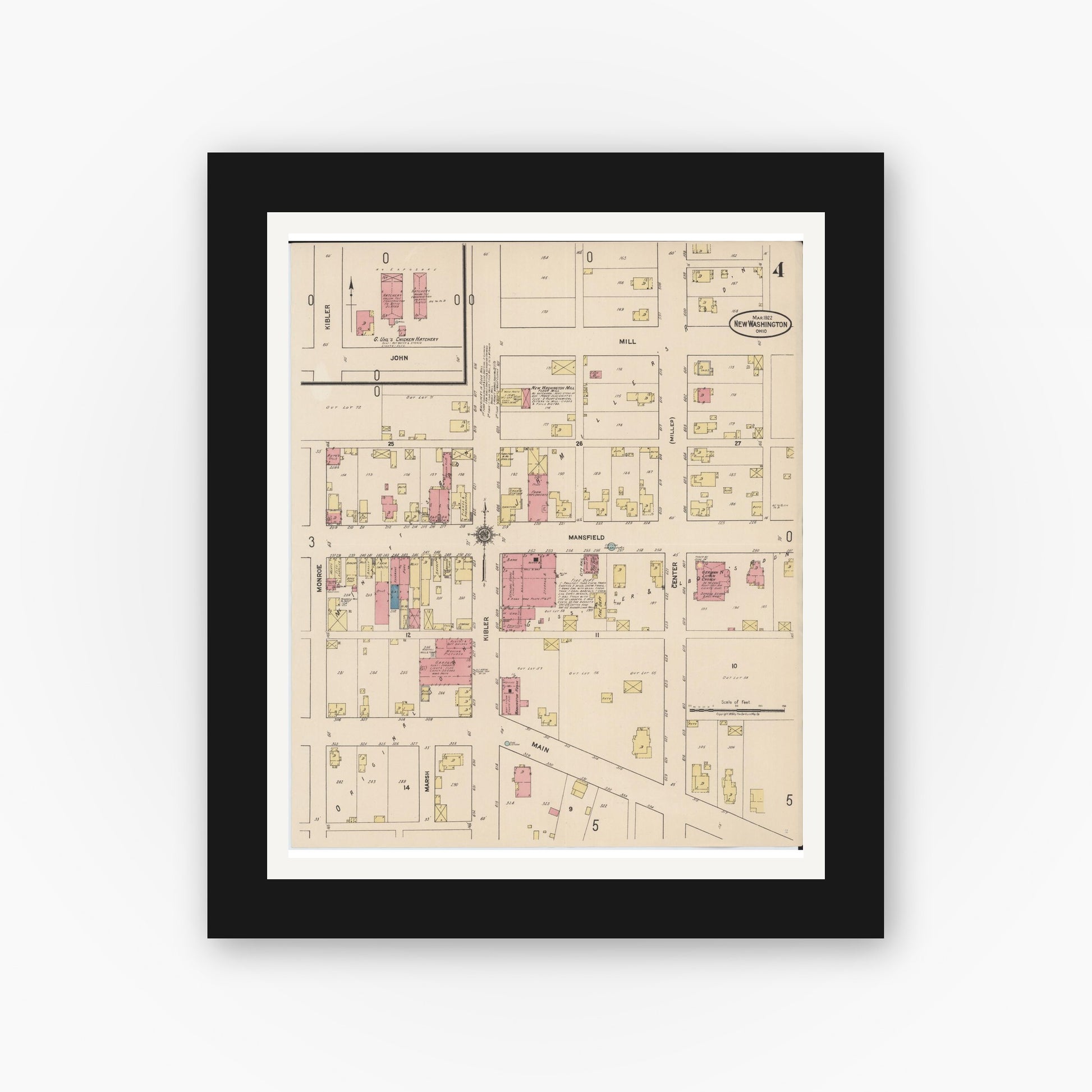 Old map wall art mockup — black gallery frame with white mat — Sanborn Fire Insurance Map from New Washington, Crawford County, Ohio (1922), Sheet #0004