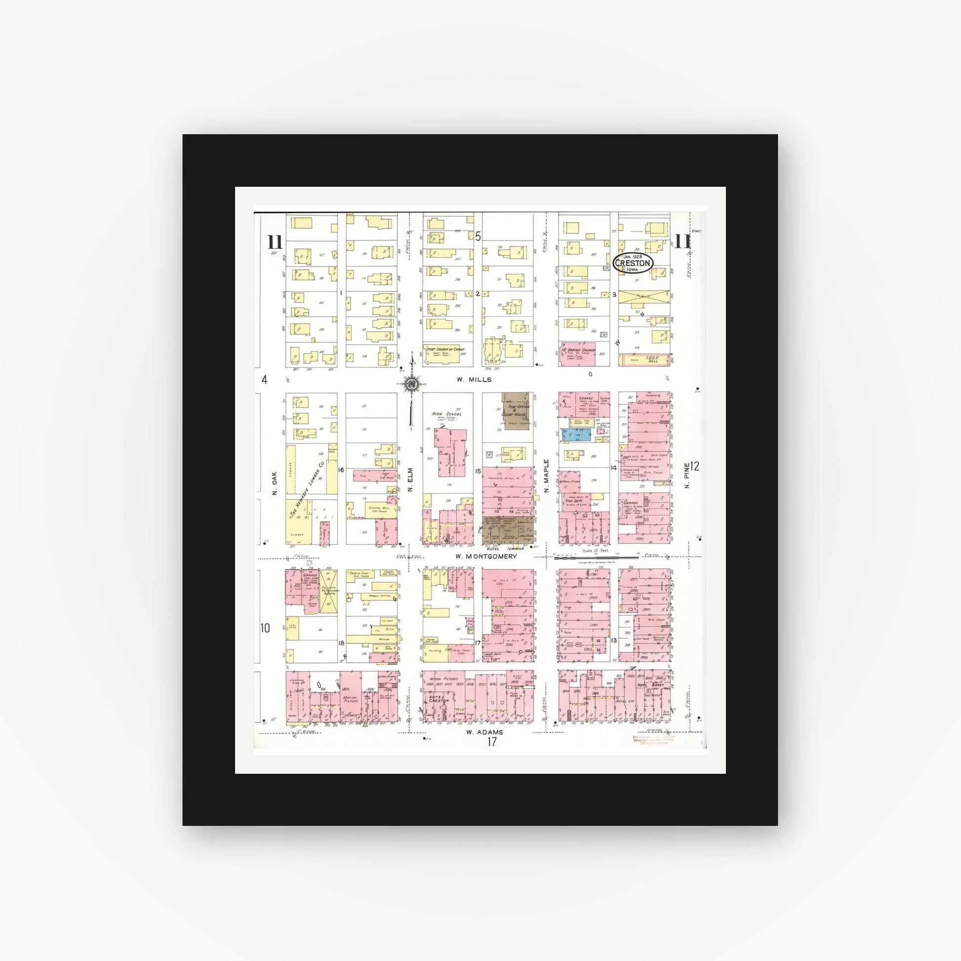 Old map wall art mockup — black gallery frame with white mat — Sanborn Fire Insurance Map from Creston, Union County, Iowa (1923), Sheet #0011
