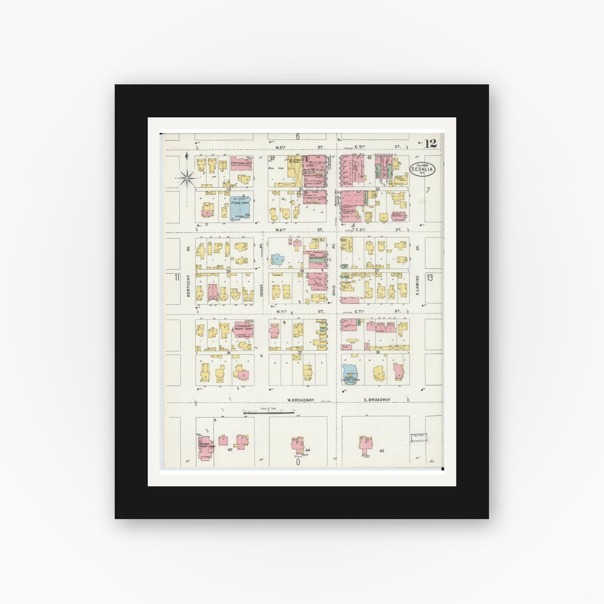 Old map wall art mockup — black gallery frame with white mat — Sanborn Fire Insurance Map from Sedalia, Pettis County, Missouri (1898), Sheet #0012