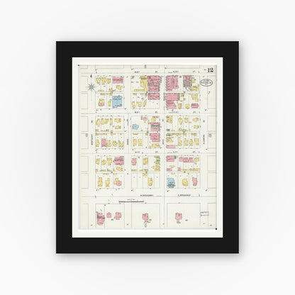 Old map wall art mockup — black gallery frame with white mat — Sanborn Fire Insurance Map from Sedalia, Pettis County, Missouri (1898), Sheet #0012