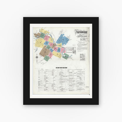 Old map wall art mockup — black gallery frame with white mat — Sanborn Fire Insurance Map from Southbridge, Worcester County, Massachusetts (1918), Sheet #0001