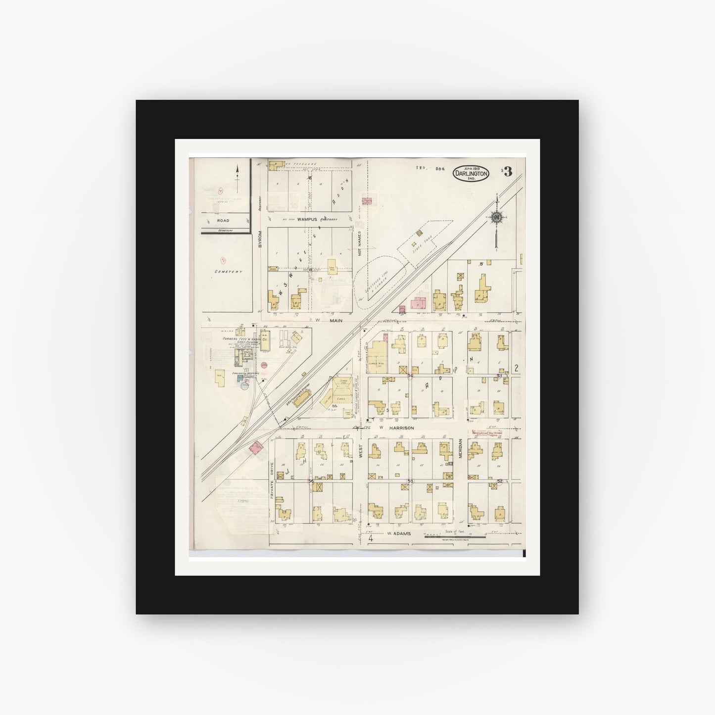 Old map wall art mockup — black gallery frame with white mat — Sanborn Fire Insurance Map from Darlington, Montgomery County, Indiana (1942), Sheet #0003