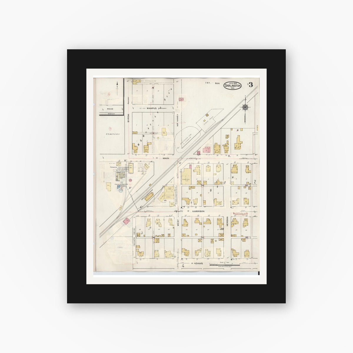 Old map wall art mockup — black gallery frame with white mat — Sanborn Fire Insurance Map from Darlington, Montgomery County, Indiana (1942), Sheet #0003