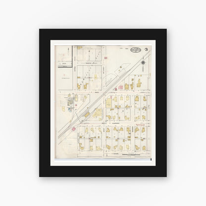 Old map wall art mockup — black gallery frame with white mat — Sanborn Fire Insurance Map from Darlington, Montgomery County, Indiana (1942), Sheet #0003