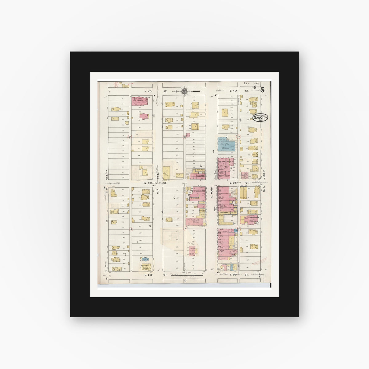 Old map wall art mockup — black gallery frame with white mat — Sanborn Fire Insurance Map from Gas City, Grant County, Indiana (1932), Sheet #0005
