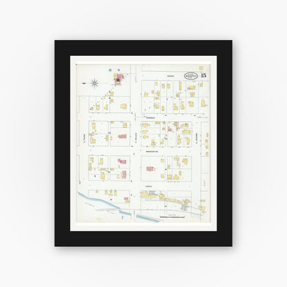 Old map wall art mockup — black gallery frame with white mat — Sanborn Fire Insurance Map from Rochester, Olmsted County, Minnesota (1909), Sheet #0015