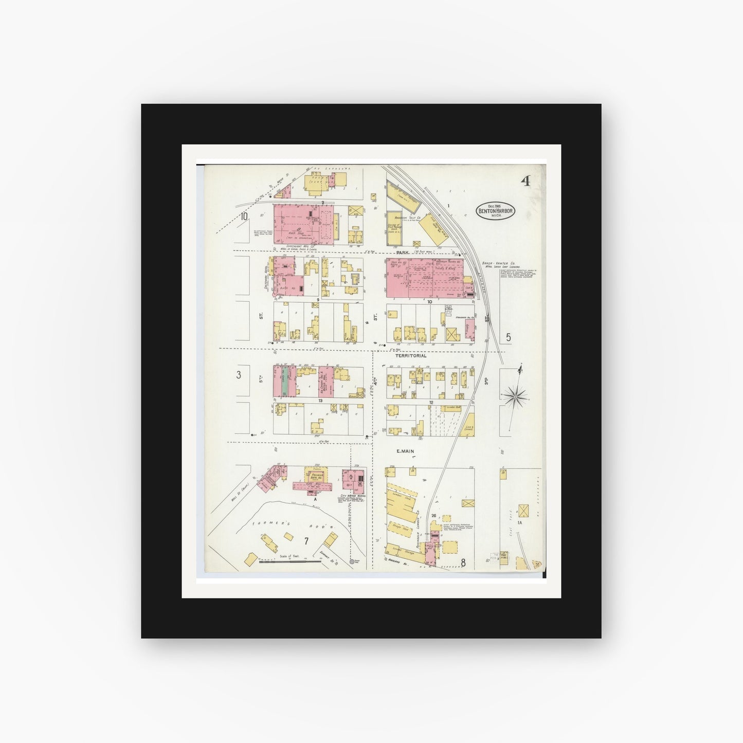 Old map wall art mockup — black gallery frame with white mat — Sanborn Fire Insurance Map from Benton Harbor, Berrien County, Michigan (1905), Sheet #0004