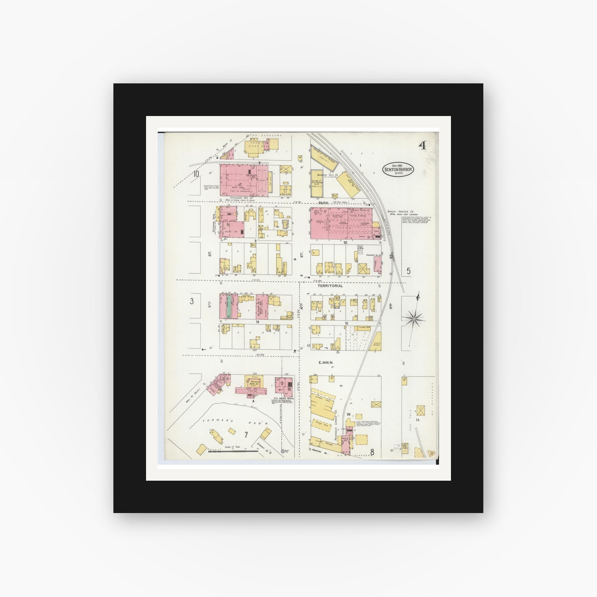Old map wall art mockup — black gallery frame with white mat — Sanborn Fire Insurance Map from Benton Harbor, Berrien County, Michigan (1905), Sheet #0004