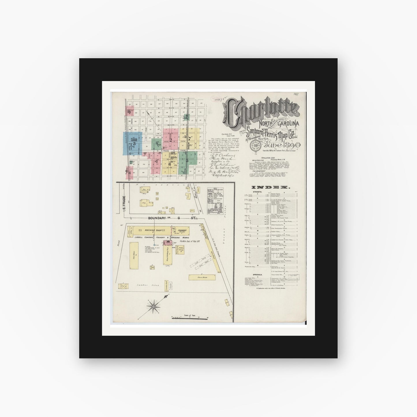 Old map wall art mockup — black gallery frame with white mat — Sanborn Fire Insurance Map from Charlotte, Mecklenburg County, North Carolina (1890) - Complete Map Set