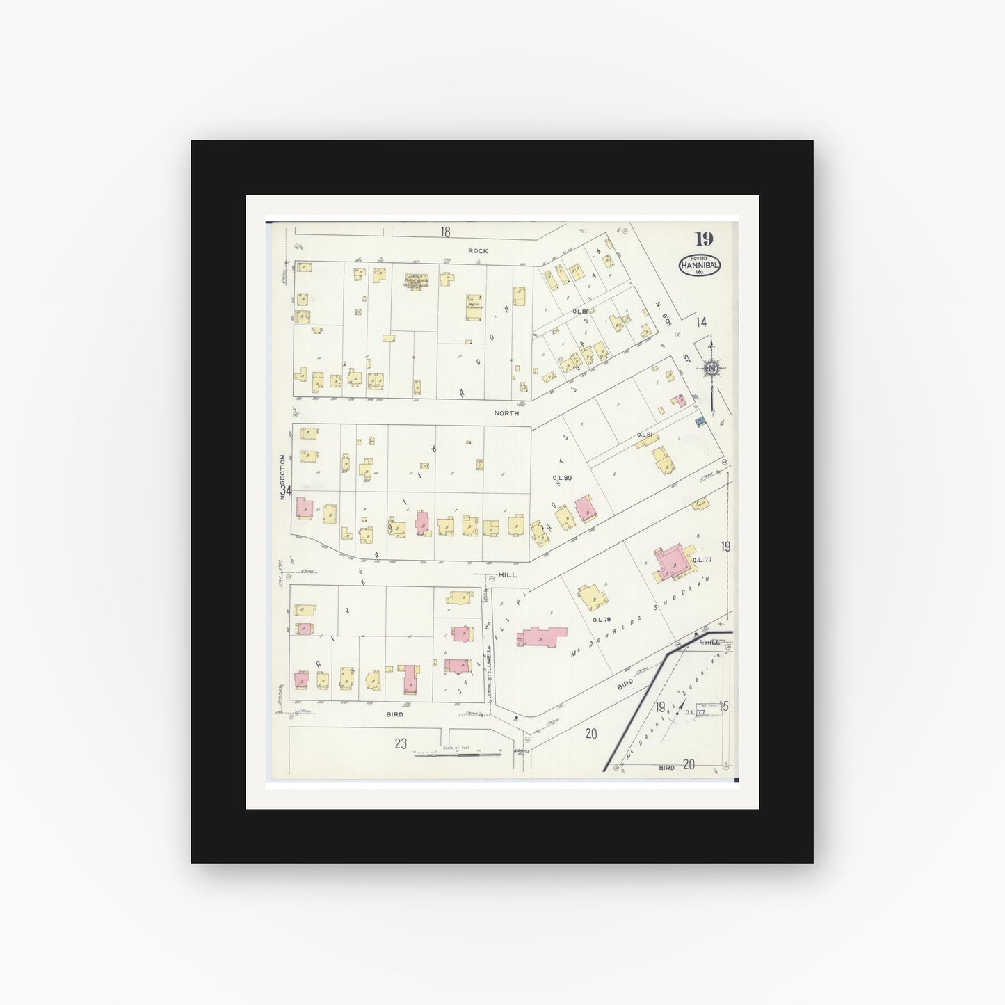 Old map wall art mockup — black gallery frame with white mat — Sanborn Fire Insurance Map from Hannibal, Marion County, Missouri (1913), Sheet #0019
