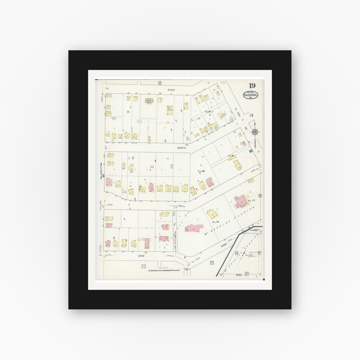 Old map wall art mockup — black gallery frame with white mat — Sanborn Fire Insurance Map from Hannibal, Marion County, Missouri (1913), Sheet #0019