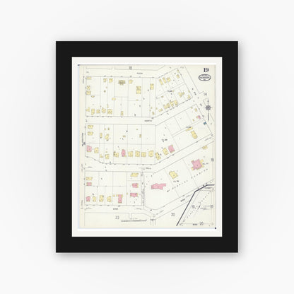 Old map wall art mockup — black gallery frame with white mat — Sanborn Fire Insurance Map from Hannibal, Marion County, Missouri (1913), Sheet #0019
