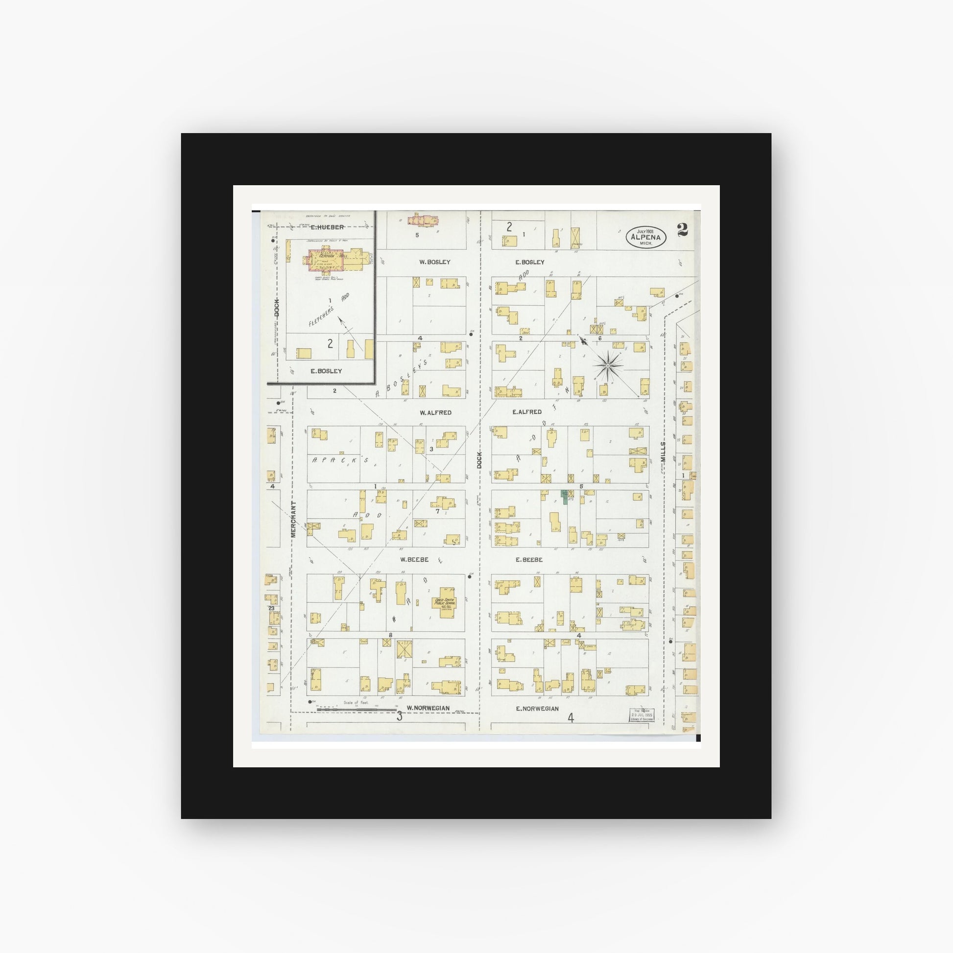 Old map wall art mockup — black gallery frame with white mat — Sanborn Fire Insurance Map from Alpena, Alpena County, Michigan (1901), Sheet #0002
