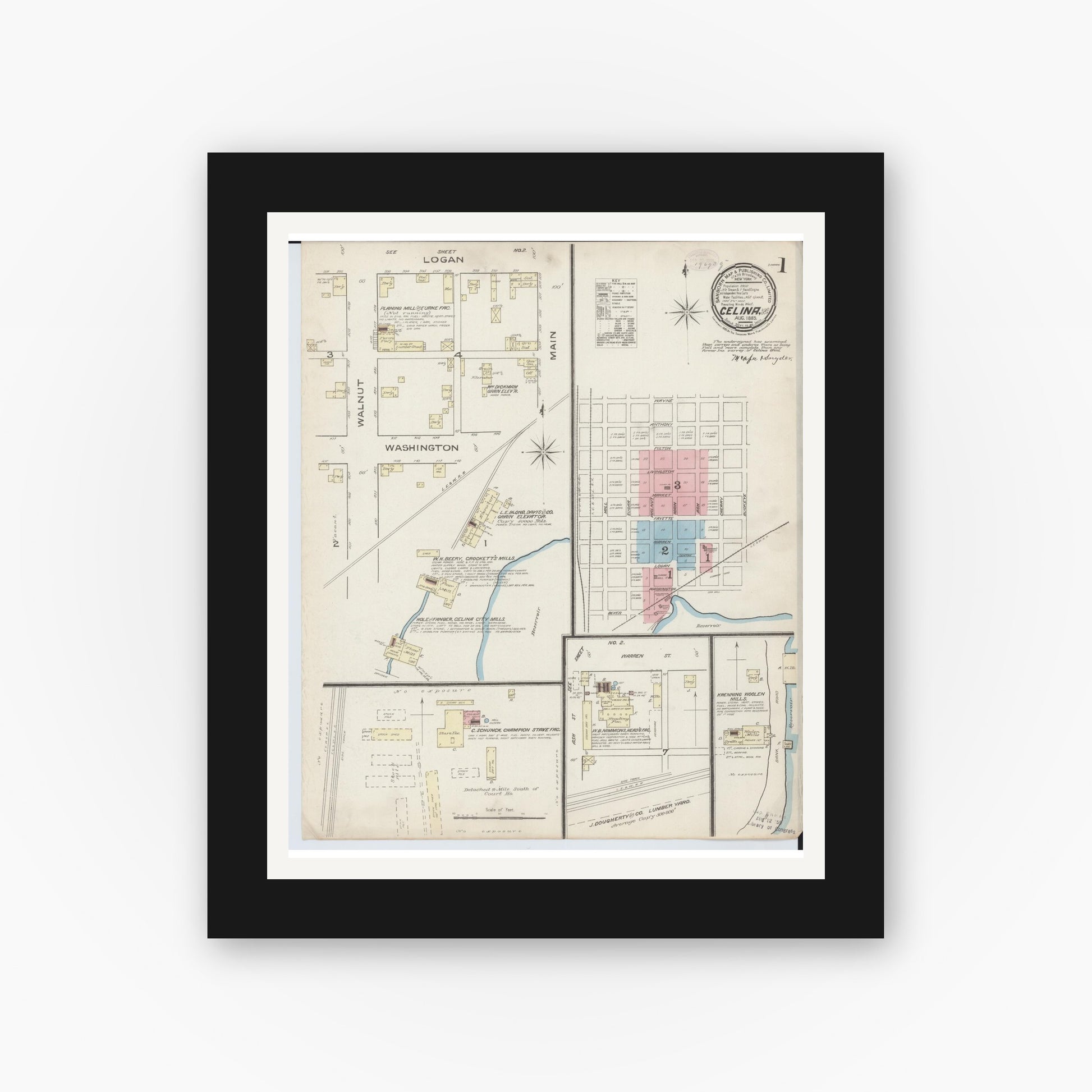 Old map wall art mockup — black gallery frame with white mat — Sanborn Fire Insurance Map from Celina, Mercer County, Ohio (1885) - Complete Map Set