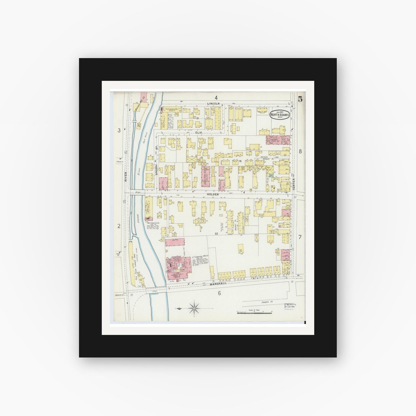 Old map wall art mockup — black gallery frame with white mat — Sanborn Fire Insurance Map from North Adams, Berkshire County, Massachusetts (1897), Sheet #0005