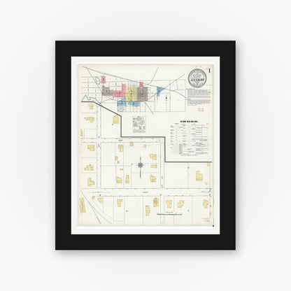 Old map wall art mockup — black gallery frame with white mat — Sanborn Fire Insurance Map from Leesburg, Lake County, Florida (1911), Sheet #0001