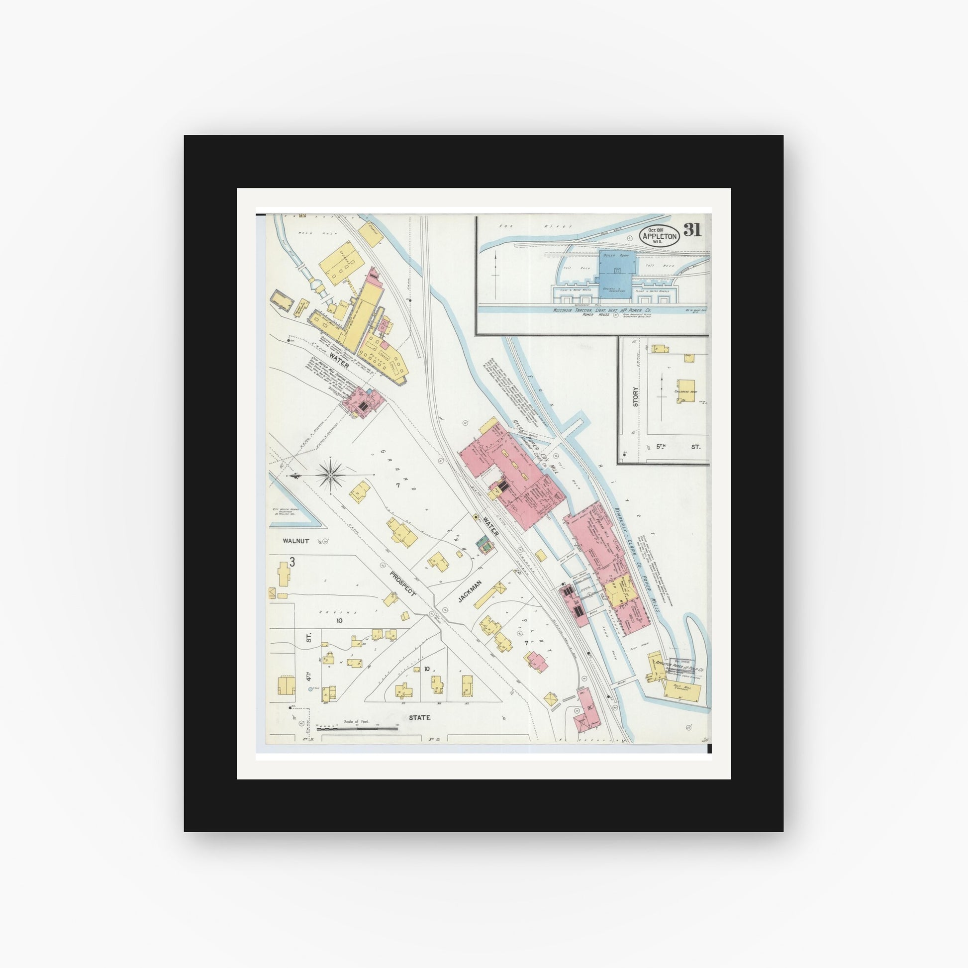 Old map wall art mockup — black gallery frame with white mat — Sanborn Fire Insurance Map from Appleton, Outagamie County, Wisconsin (1901), Sheet #0031