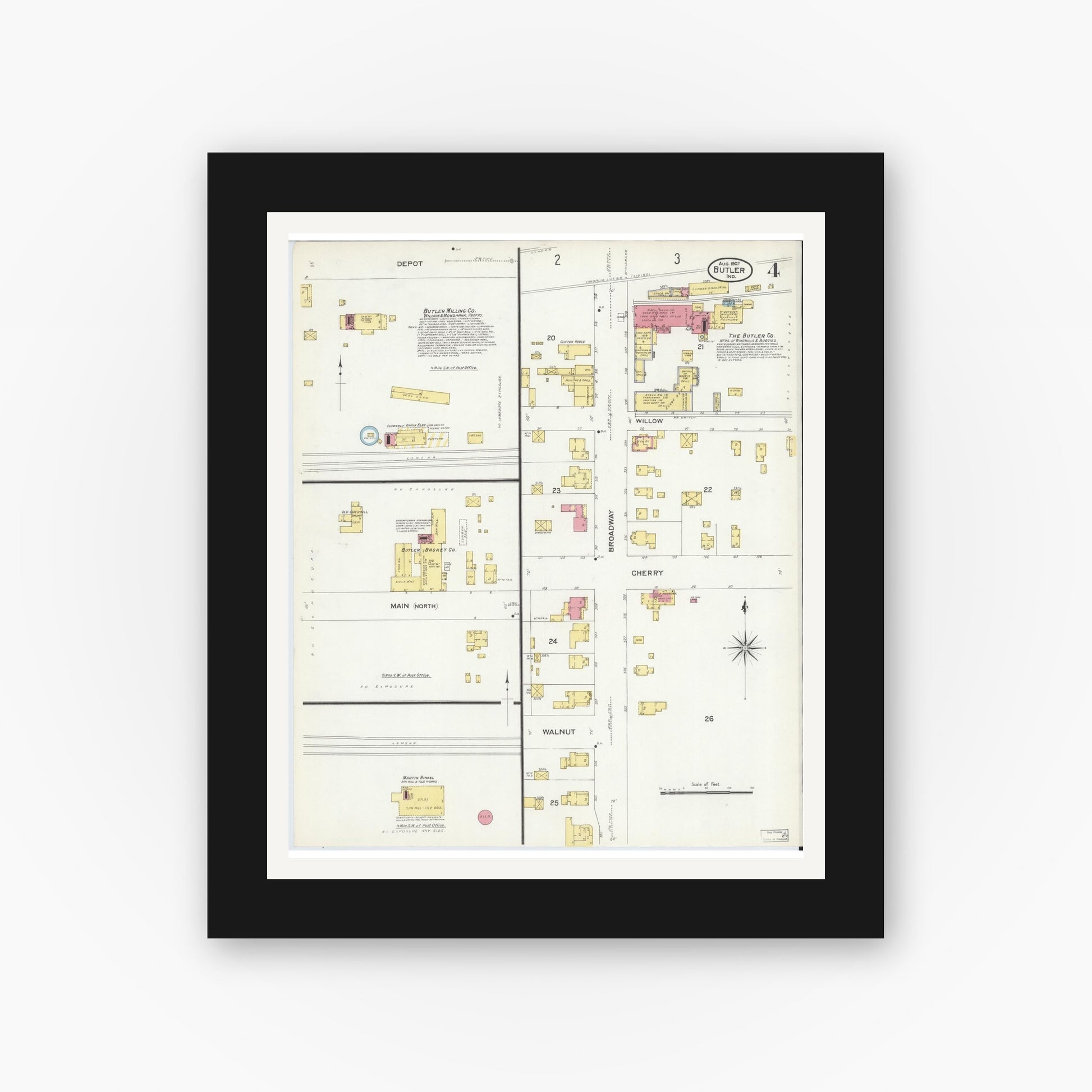 Old map wall art mockup — black gallery frame with white mat — Sanborn Fire Insurance Map from Butler, De Kalb County, Indiana (1907), Sheet #0004