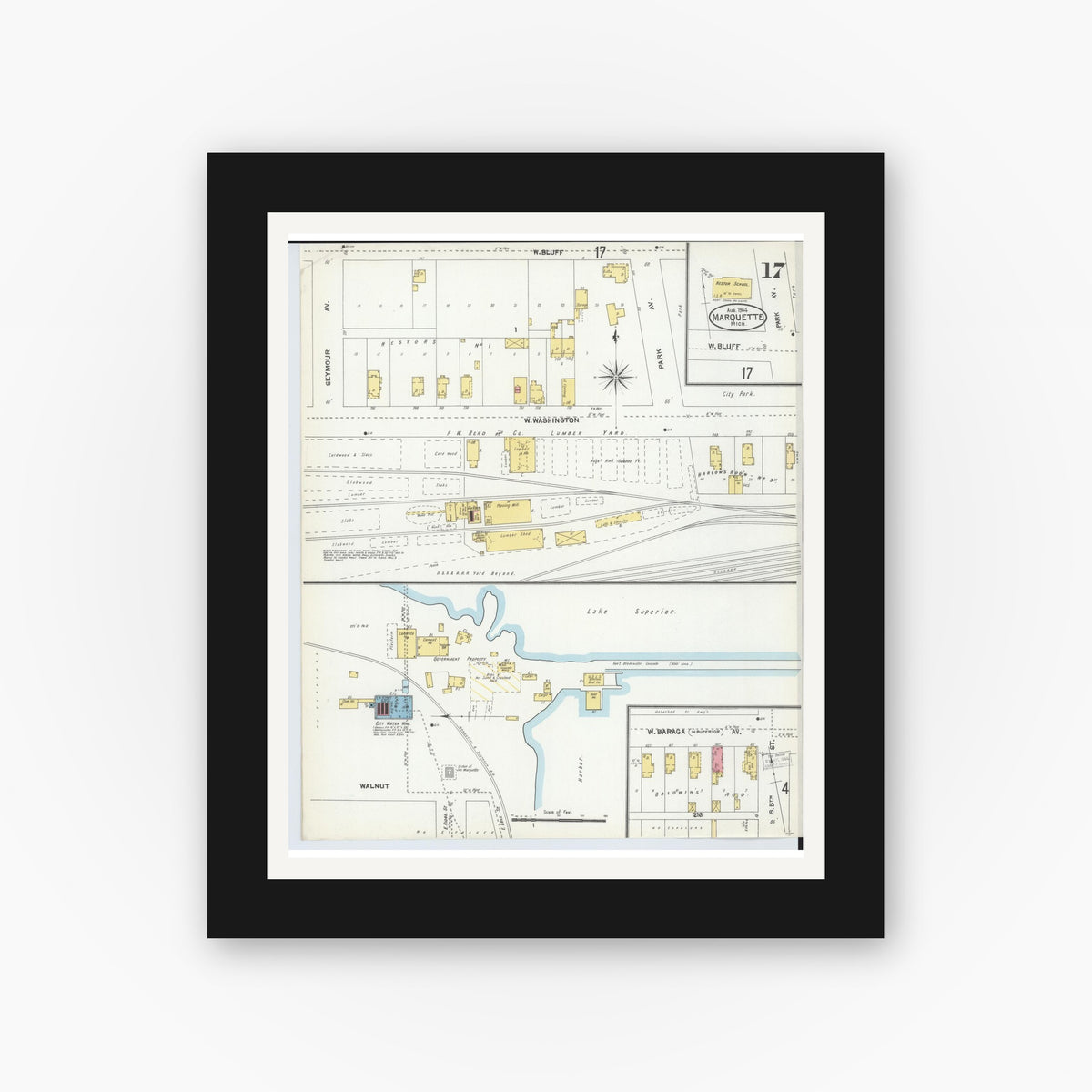 Old map wall art mockup — black gallery frame with white mat — Sanborn Fire Insurance Map from Marquette, Marquette County, Michigan (1904), Sheet #0017