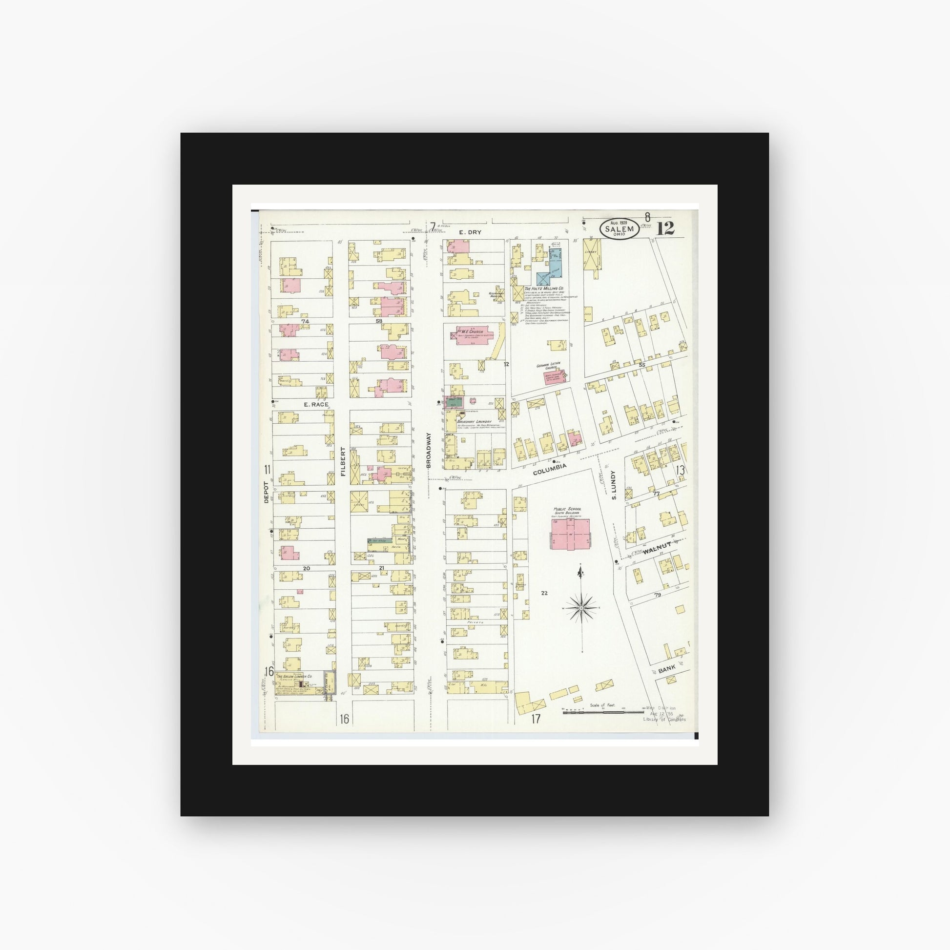 Old map wall art mockup — black gallery frame with white mat — Sanborn Fire Insurance Map from Salem, Columbiana County, Ohio (1909), Sheet #0012