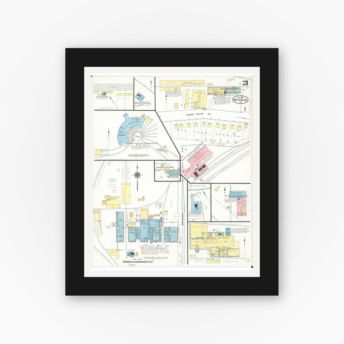 Old map wall art mockup — black gallery frame with white mat — Sanborn Fire Insurance Map from Waterloo, Black Hawk County, Iowa (1910), Sheet #0021