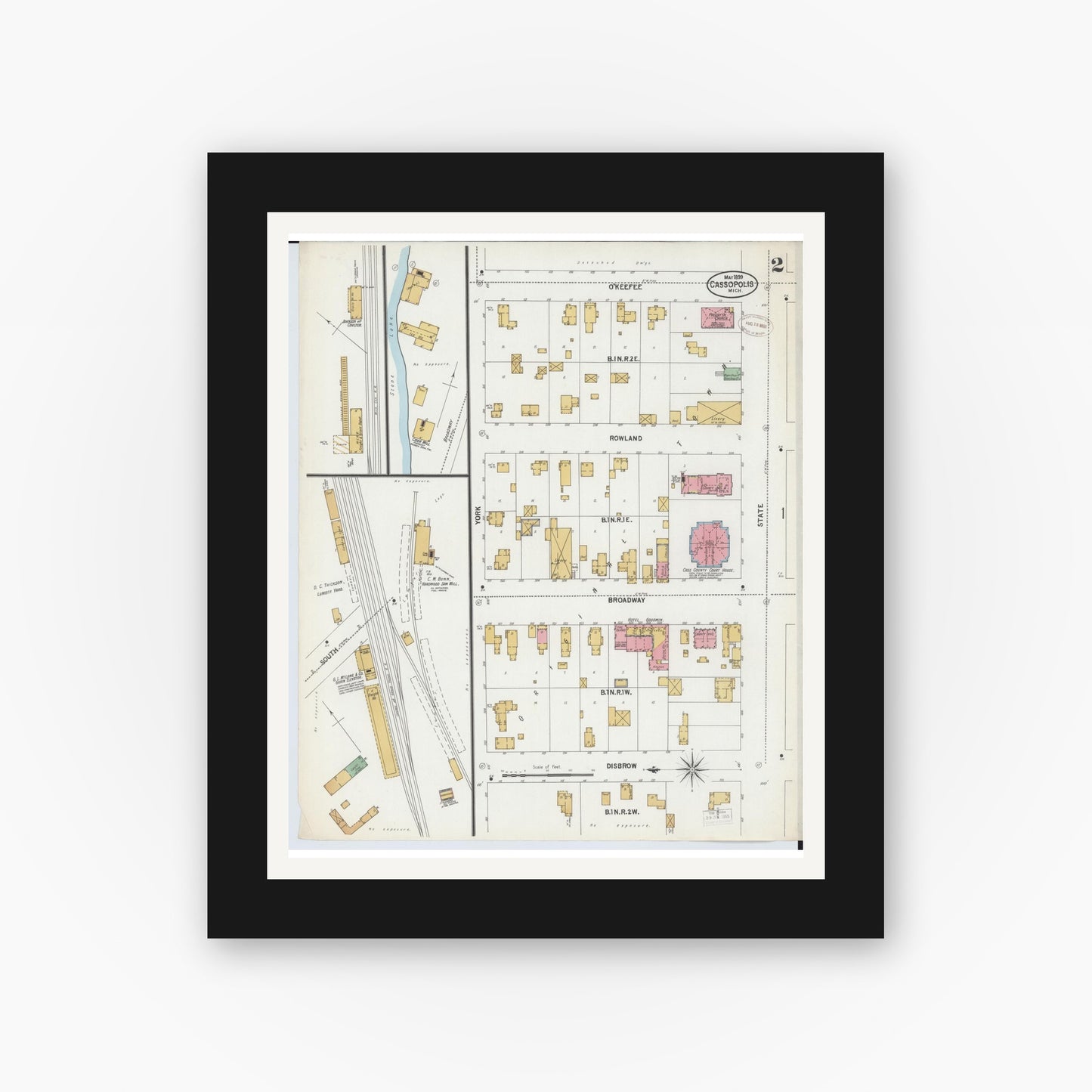 Old map wall art mockup — black gallery frame with white mat — Sanborn Fire Insurance Map from Cassopolis, Cass County, Michigan (1899), Sheet #0002