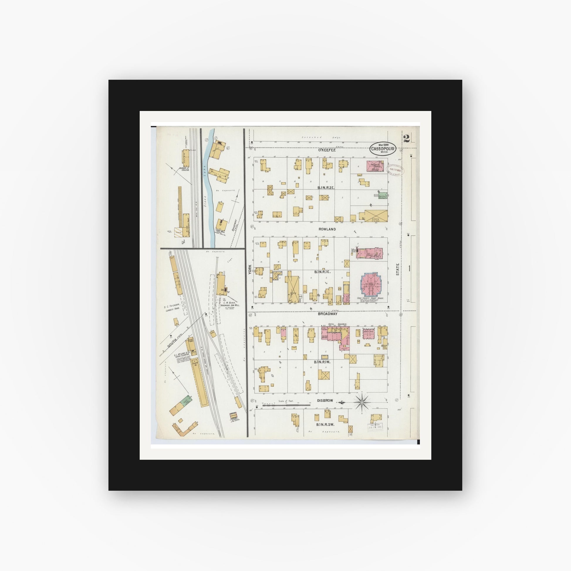 Old map wall art mockup — black gallery frame with white mat — Sanborn Fire Insurance Map from Cassopolis, Cass County, Michigan (1899), Sheet #0002