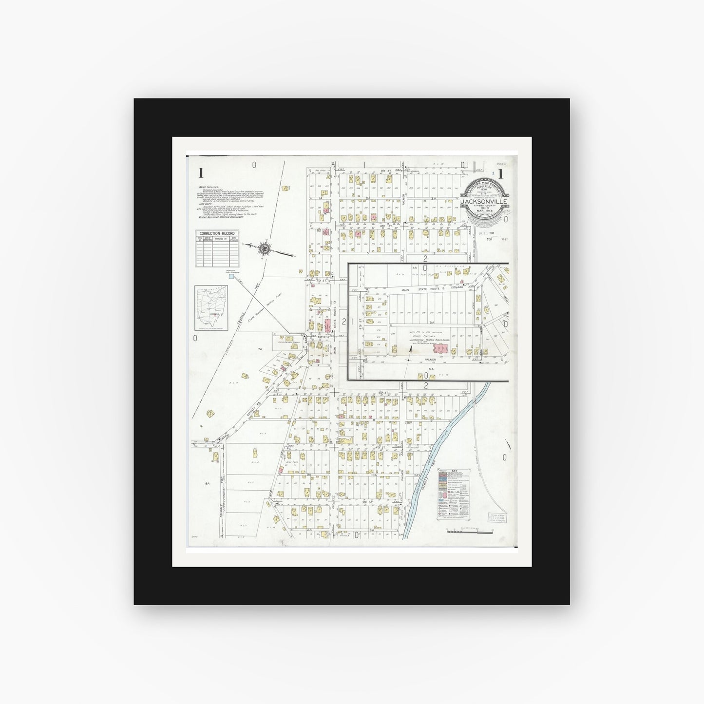 Old map wall art mockup — black gallery frame with white mat — Sanborn Fire Insurance Map from Jacksonville, Athens County, Ohio (1948) - Complete Map Set