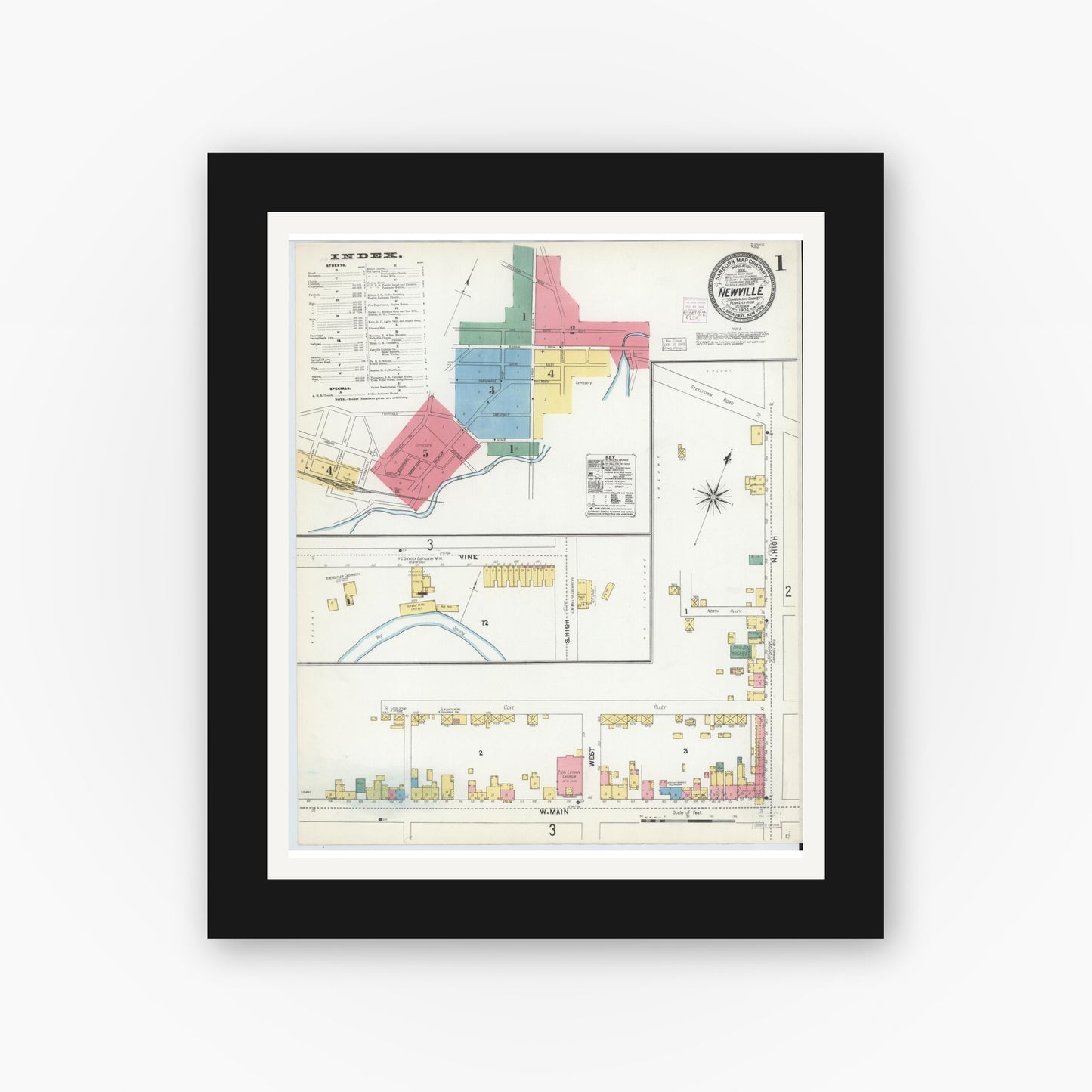 Old map wall art mockup — black gallery frame with white mat — Sanborn Fire Insurance Map from Newville, Cumberland County, Pennsylvania (1904) - Complete Map Set