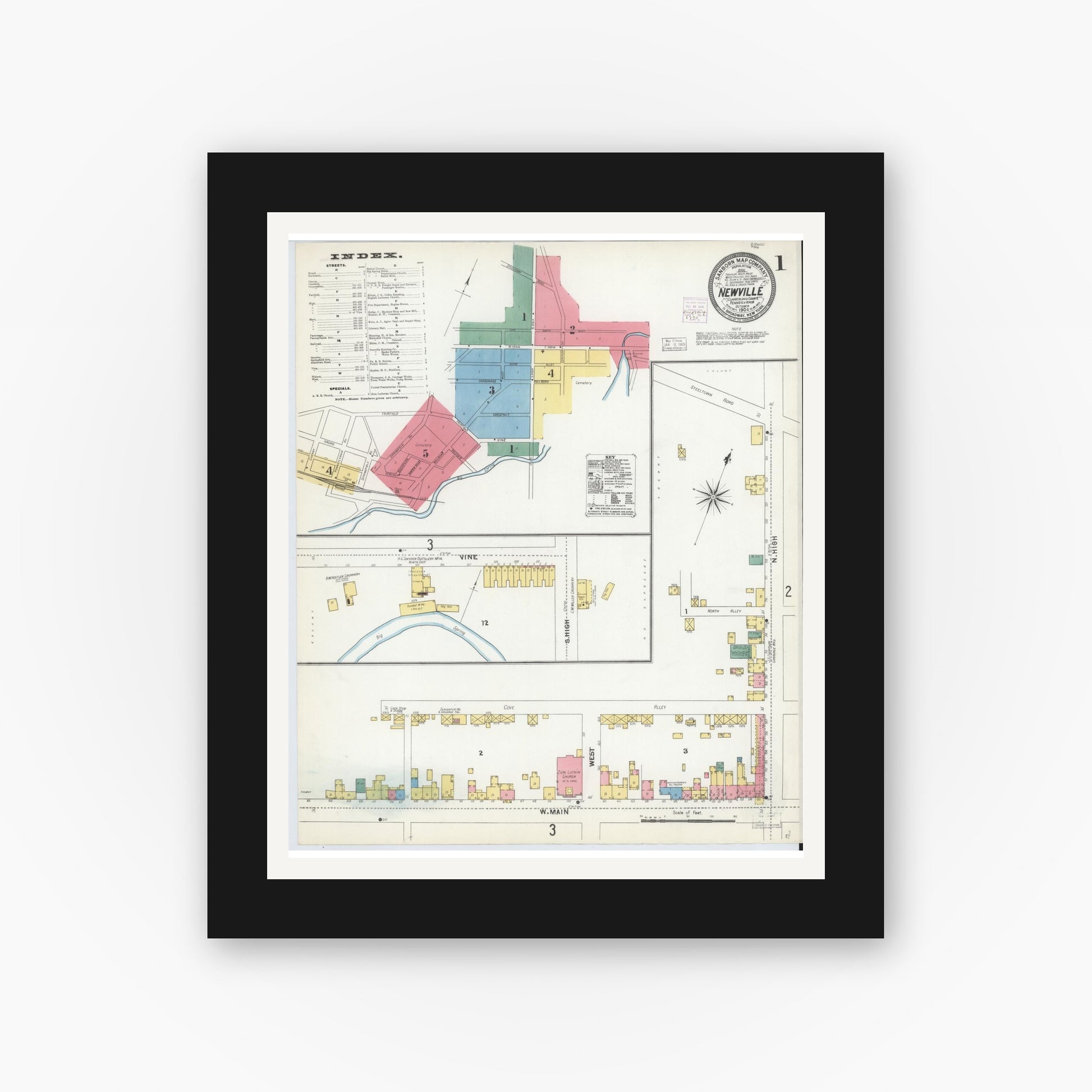Old map wall art mockup — black gallery frame with white mat — Sanborn Fire Insurance Map from Newville, Cumberland County, Pennsylvania (1904) - Complete Map Set