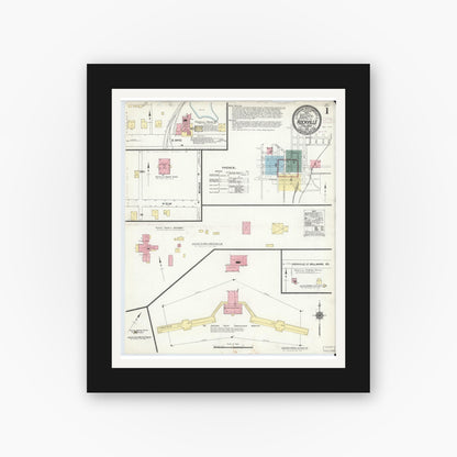 Old map wall art mockup — black gallery frame with white mat — Sanborn Fire Insurance Map from Rockville, Parke County, Indiana (1910), Sheet #0001