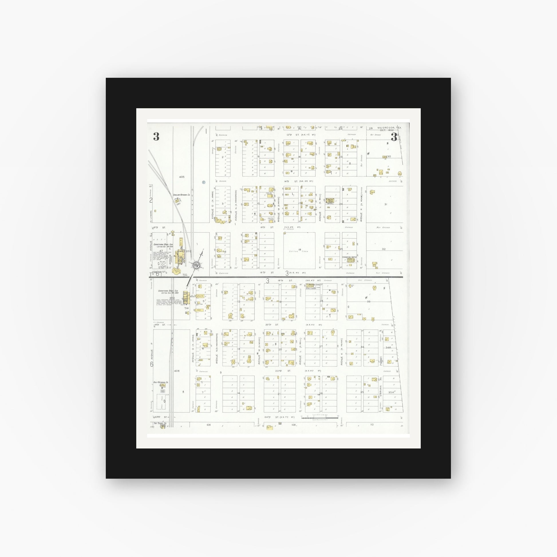 Old map wall art mockup — black gallery frame with white mat — Sanborn Fire Insurance Map from McGregor, McLennan County, Texas (1932), Sheet #0003