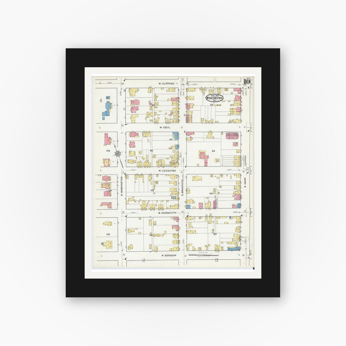 Old map wall art mockup — black gallery frame with white mat — Sanborn Fire Insurance Map from Winchester, Independent Cities, Virginia (1921), Sheet #0010