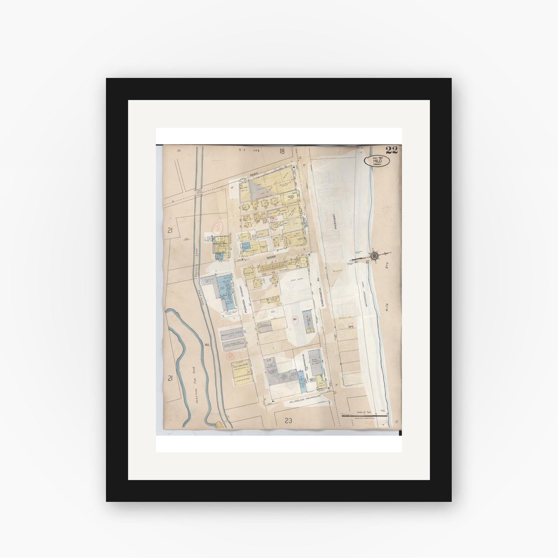 Old map wall art mockup — black gallery frame with white mat — Sanborn Fire Insurance Map from Hilo, Hawaii County, Hawaii (1957), Sheet #0022