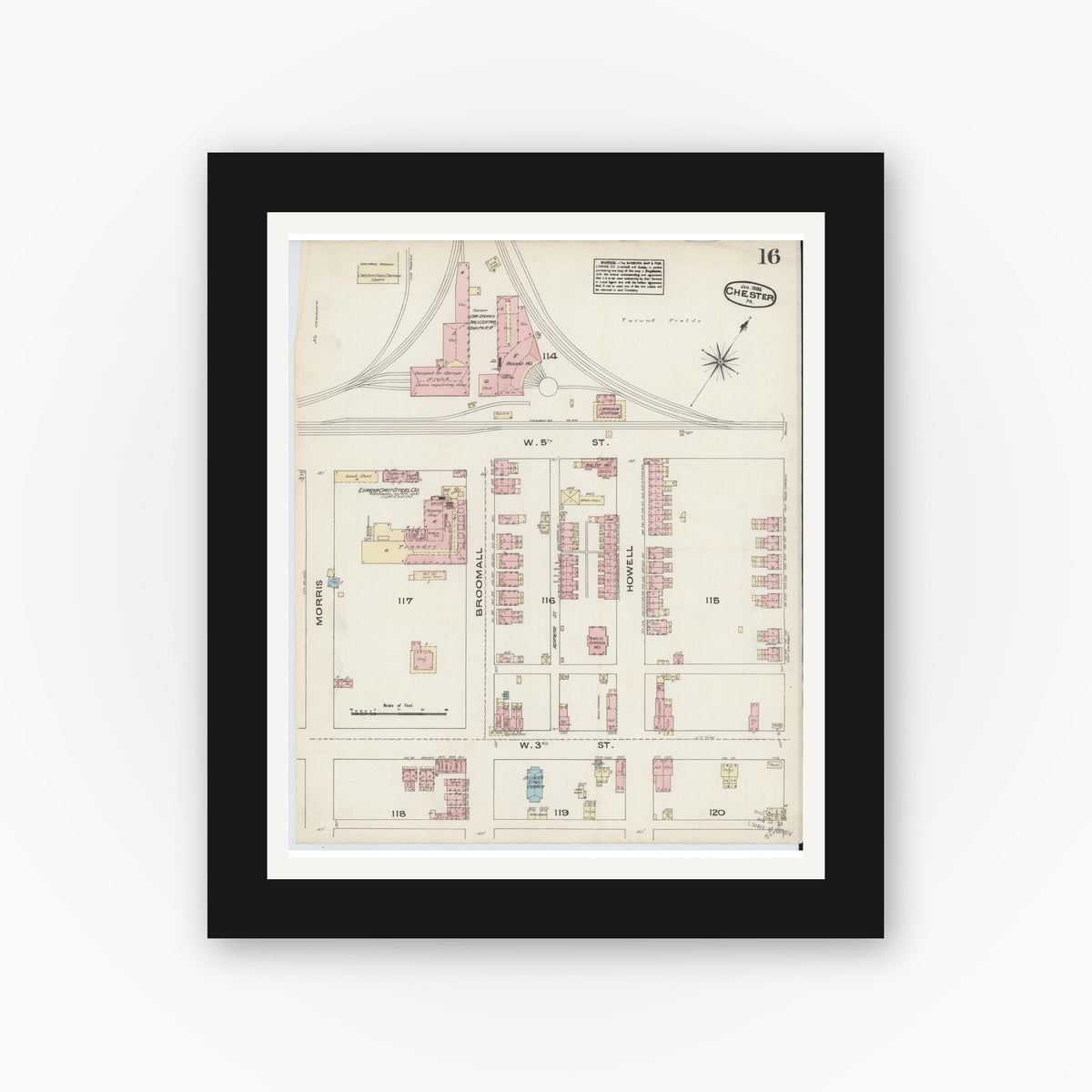Old map wall art mockup — black gallery frame with white mat — Sanborn Fire Insurance Map from Chester, Delaware County, Pennsylvania (1885), Sheet #0016